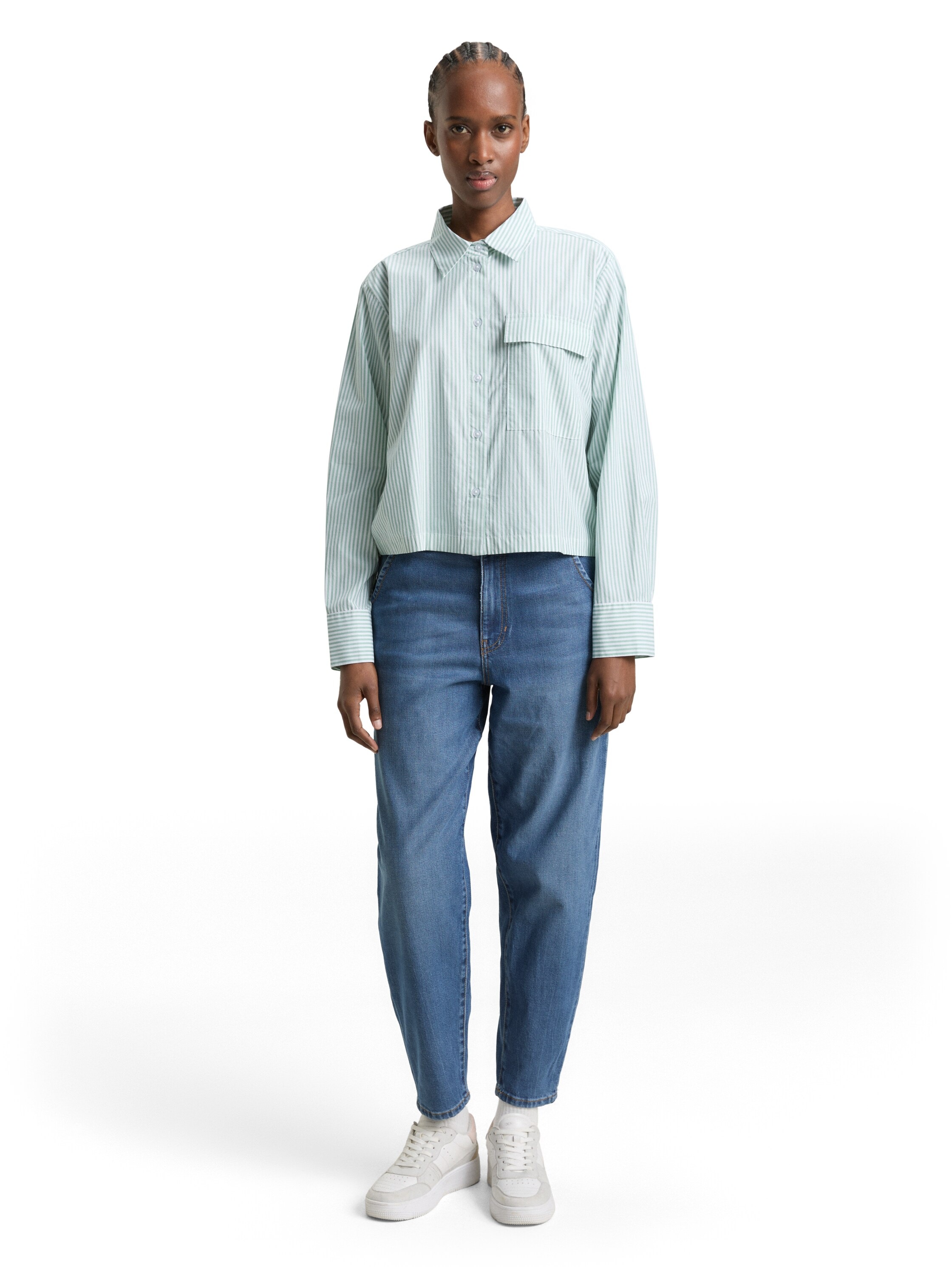 TOM TAILOR Denim Langarmbluse gestreift, kurze Form, mit Brusttasche