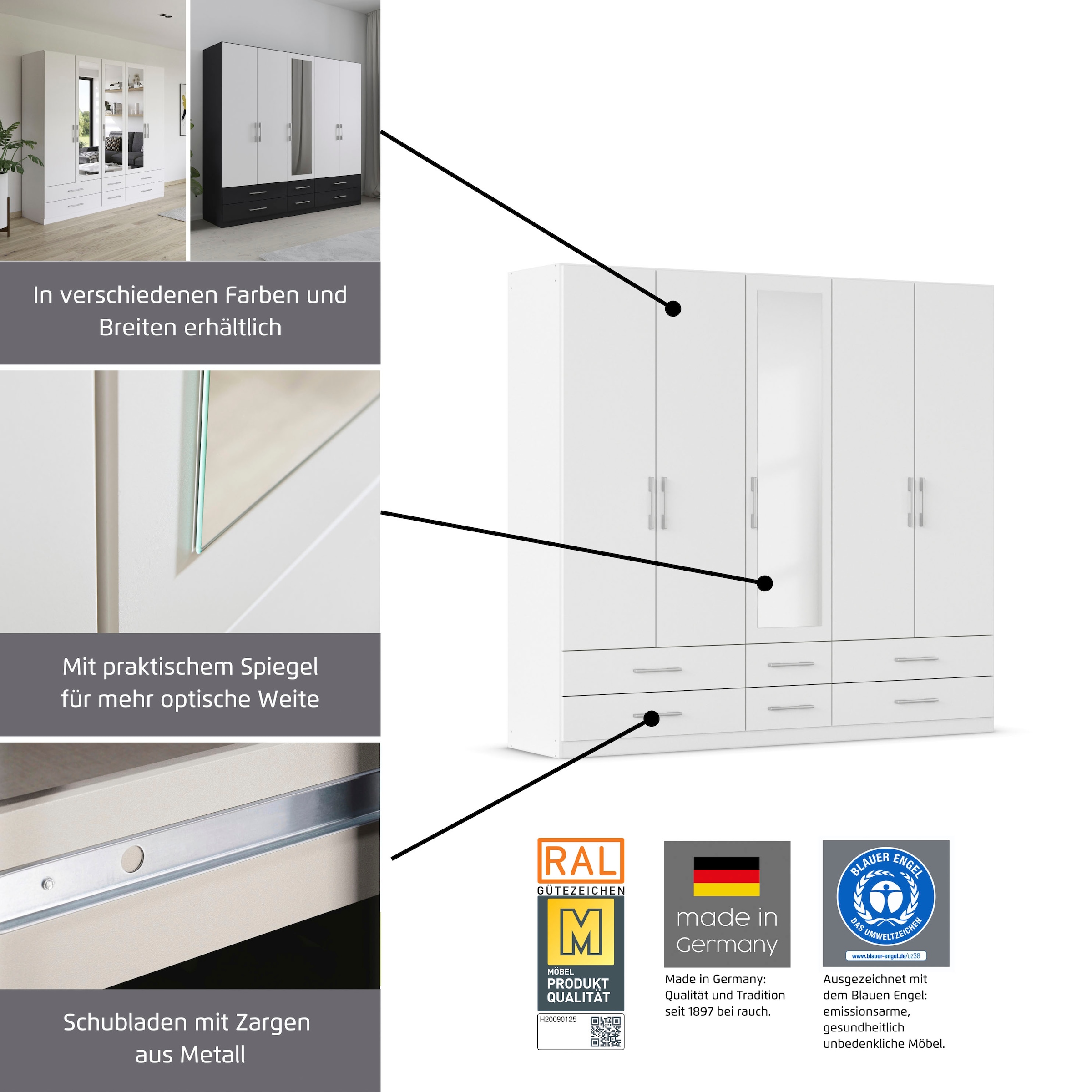 rauch Kleiderschrank »Schrank Garderobe Wäscheschrank HERSBRUCK in 2 Breiten« Breiten: 226 oder 271 cm, Höhe 210 cm,  mit 6 großzügigen Schubladen sowie Spiegeltüren MADE IN GERMANY