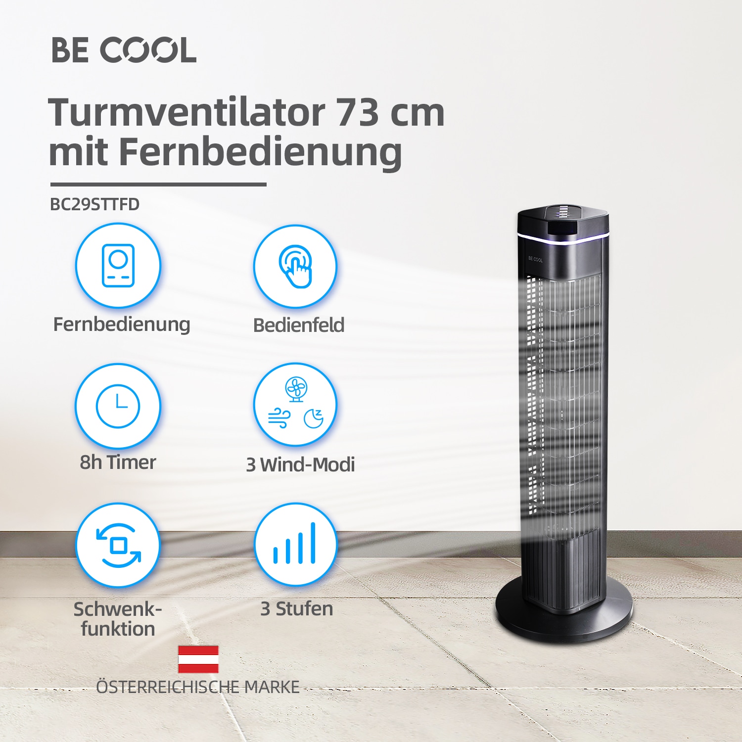 be cool Turmventilator »Turmventilator 73cm mit Fernbedienung BC29STTFD schwarz«, Timer-Funktion