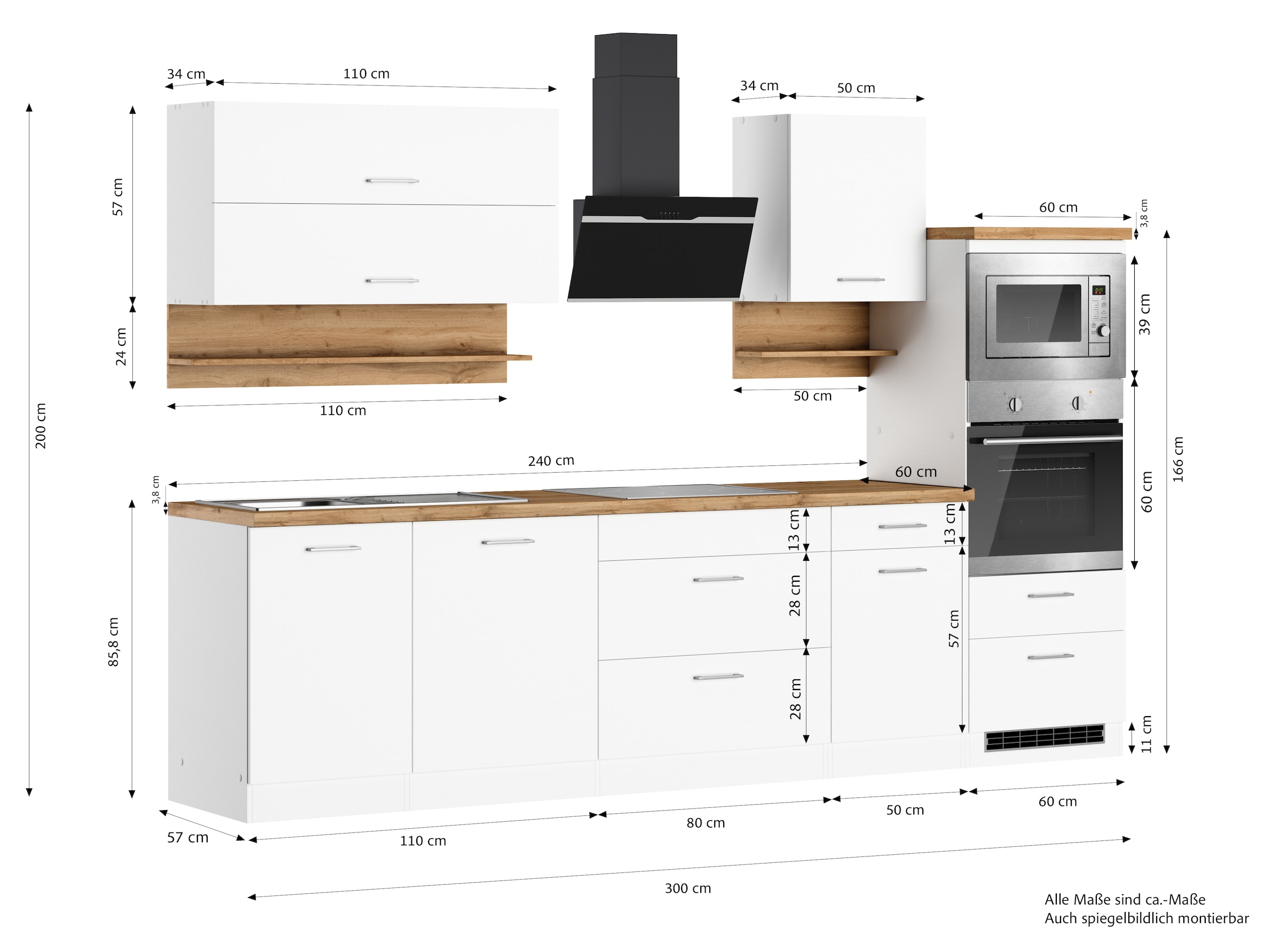 KOCHSTATION Küchenzeile »KS-Milan« 300 cm breit, viel Stauraum, wahlweise mit E-Geräten