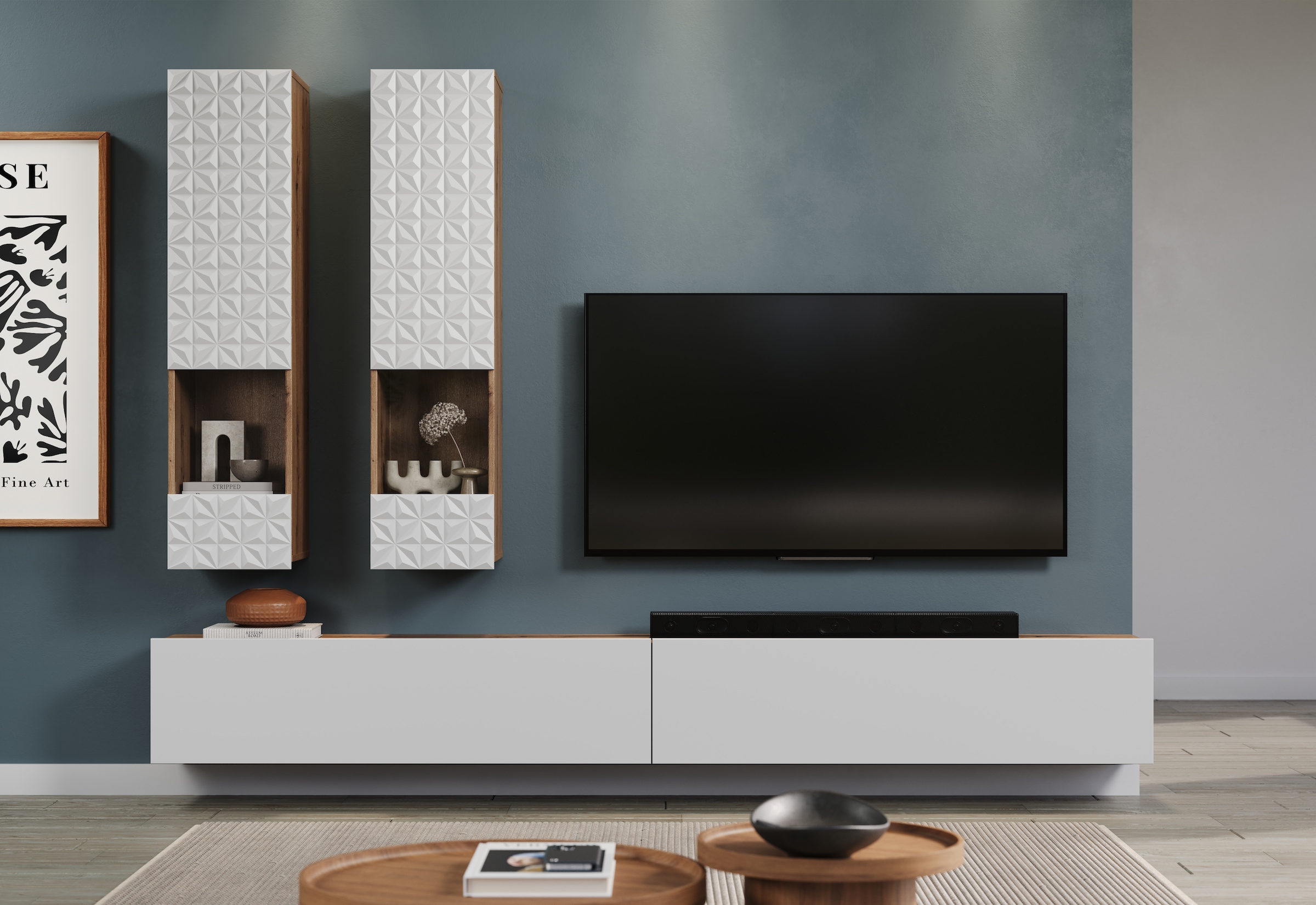 INOSIGN Wohnwand »Rezzo, 2 Hängevitrinen mit Relief-Front, 2 Lowboards je Br. 120 cm«, (Komplett-Set, 4 St.), insgesamt Br. 240 cm, Montage stehend oder hängend