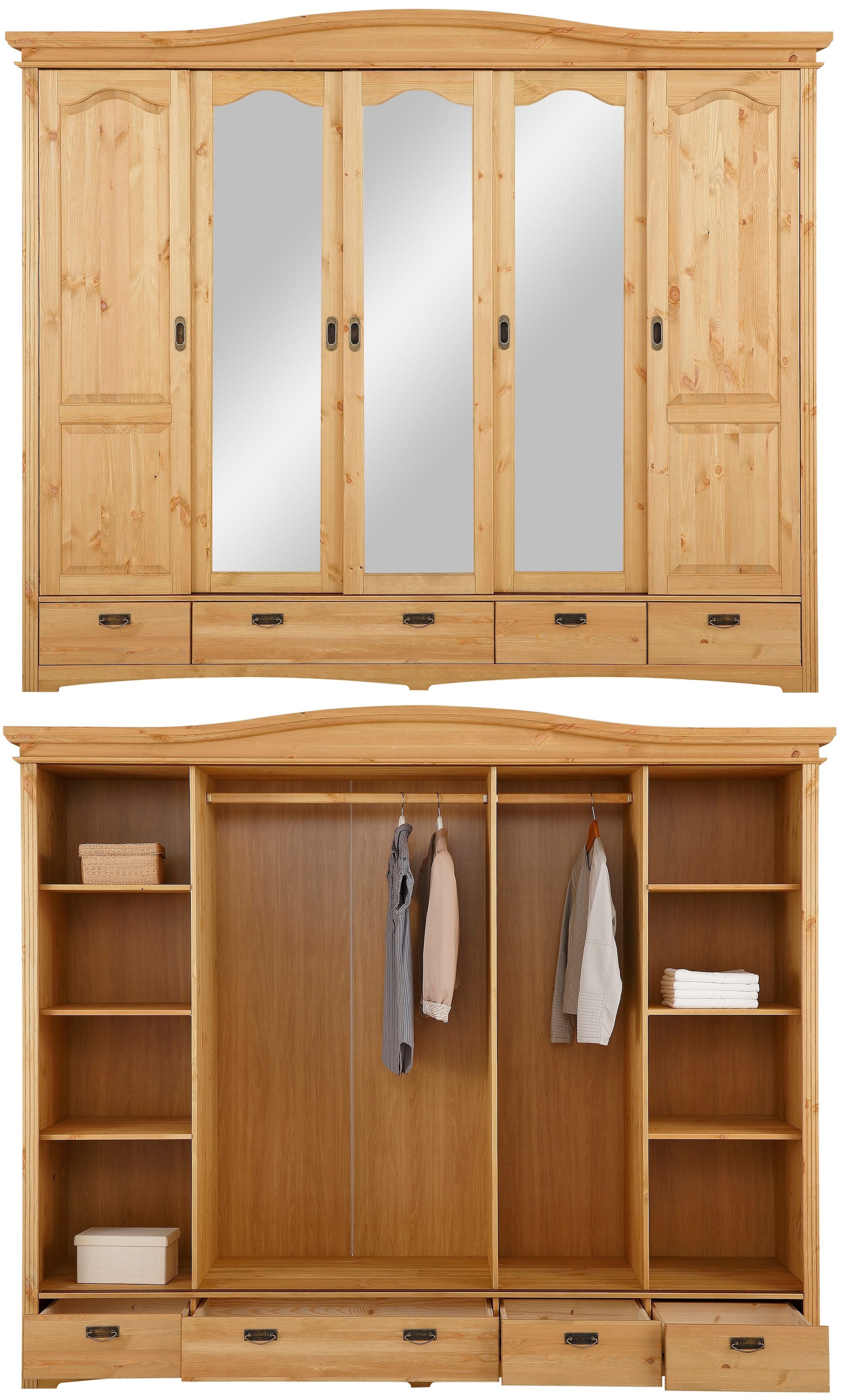 OTTO home Schlafzimmer-Set »"Konrad", komplettes Schlafzimmer mit großem Schrank« Set, Kleiderschrank 5 türig mit Schubladen, 2 Nachttische, Bett 180x200cm, 4 Stk. tlg. klassischer Landhausstil, Metallgriffe, Massivholz (Kiefer)