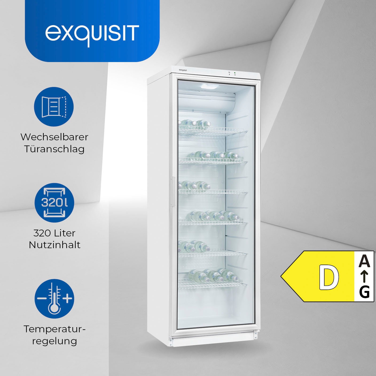 exquisit Getränkekühlschrank »GKS350-1-GT-280D weiss«, 320 L Volumen, Getränkekühlschrank mit Glastür, LED