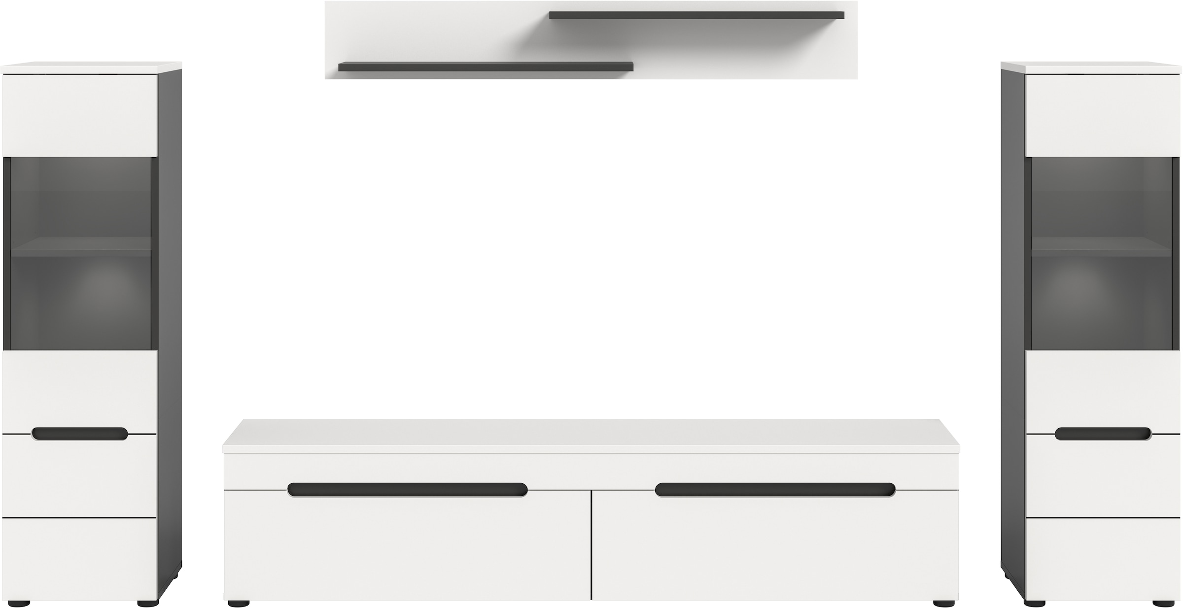 Home affaire Wohnwand »REHAT, TOPSELLER!, 4-teilig, inkl. Beleuchtung, stehend oder hängend« Set bestehend aus: 2x Vitrine inkl. Beleuchtung, Lowboard & Wandboard, 4 Stk. tlg.