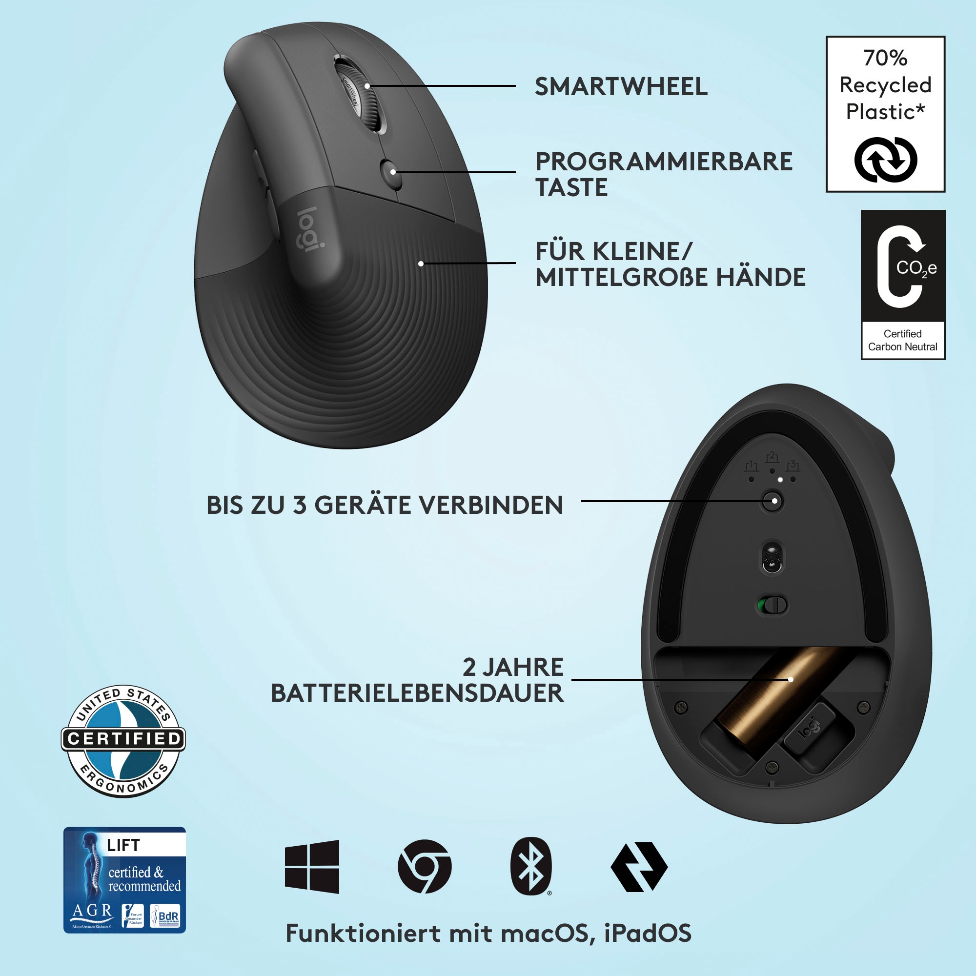 Logitech ergonomische Maus »Lift Right Vertical«, Bluetooth