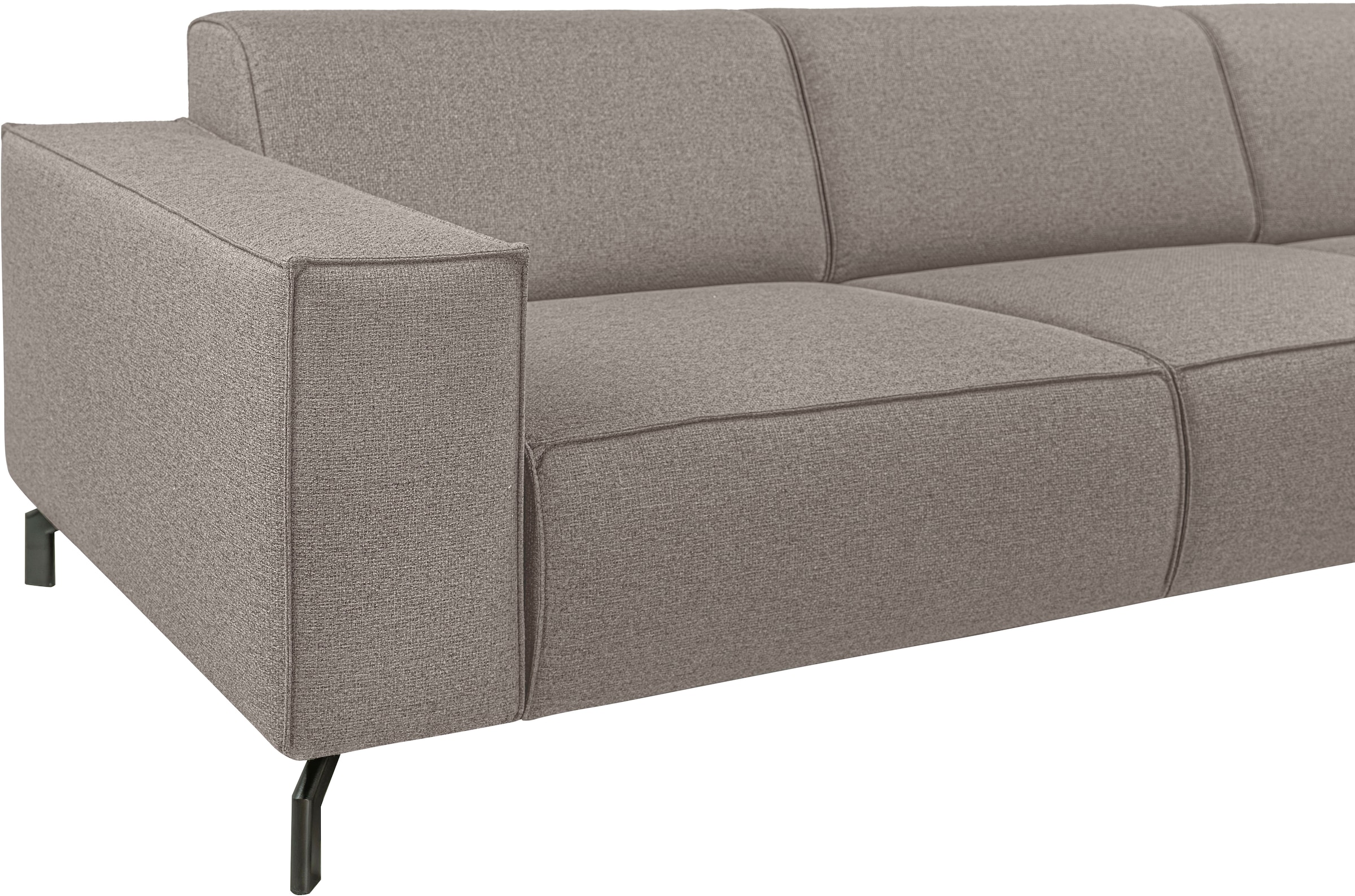 Places of Style Ecksofa »Lorcan, Breite 275 cm, weiches Sitzgefühl«, mit schwarzen Metallfüßen, Lederoptik und in weichem Strukturstoff
