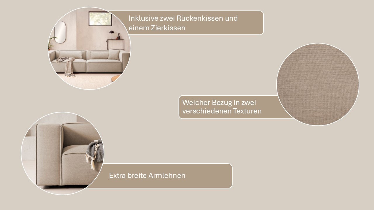 LeGer Home by Lena Gercke 3-Sitzer »PIARA, Couch mit Kedernaht, Sofa in Cord, Leinenoptik o. Strukturstoff«, schwarze Füße, bequemer Sitzkomfort
