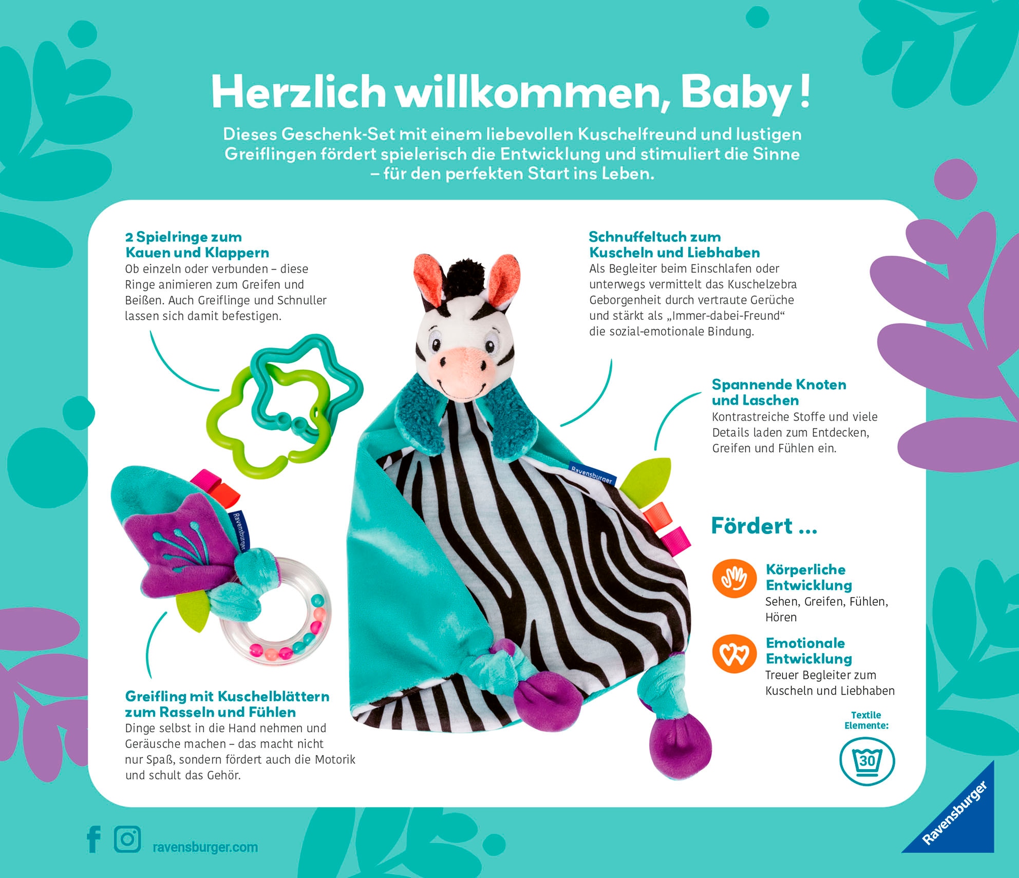 Ravensburger Greifspielzeug »Play+ Fühlen, rasseln, spielen (Geschenk-Set: Zebra)«