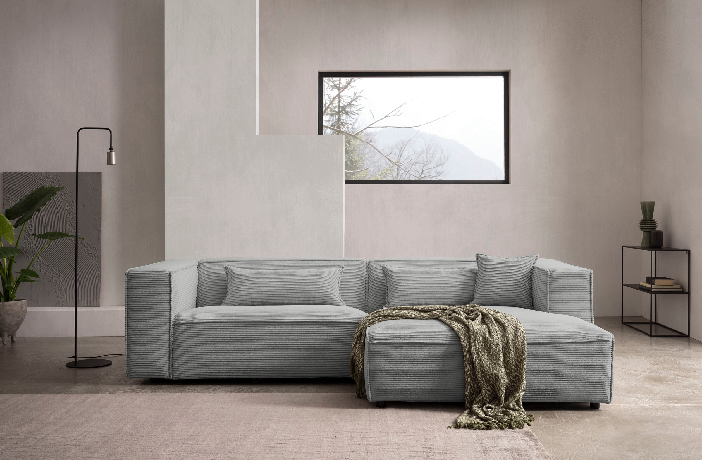 LeGer Home by Lena Gercke Ecksofa »PIARA mit Kedernaht in Cord oder Leinenoptik, moderne Couch in L-Form«, wahlweise Ottomane rechts/links, schwarze Füße, bequemer Sitzkomfort