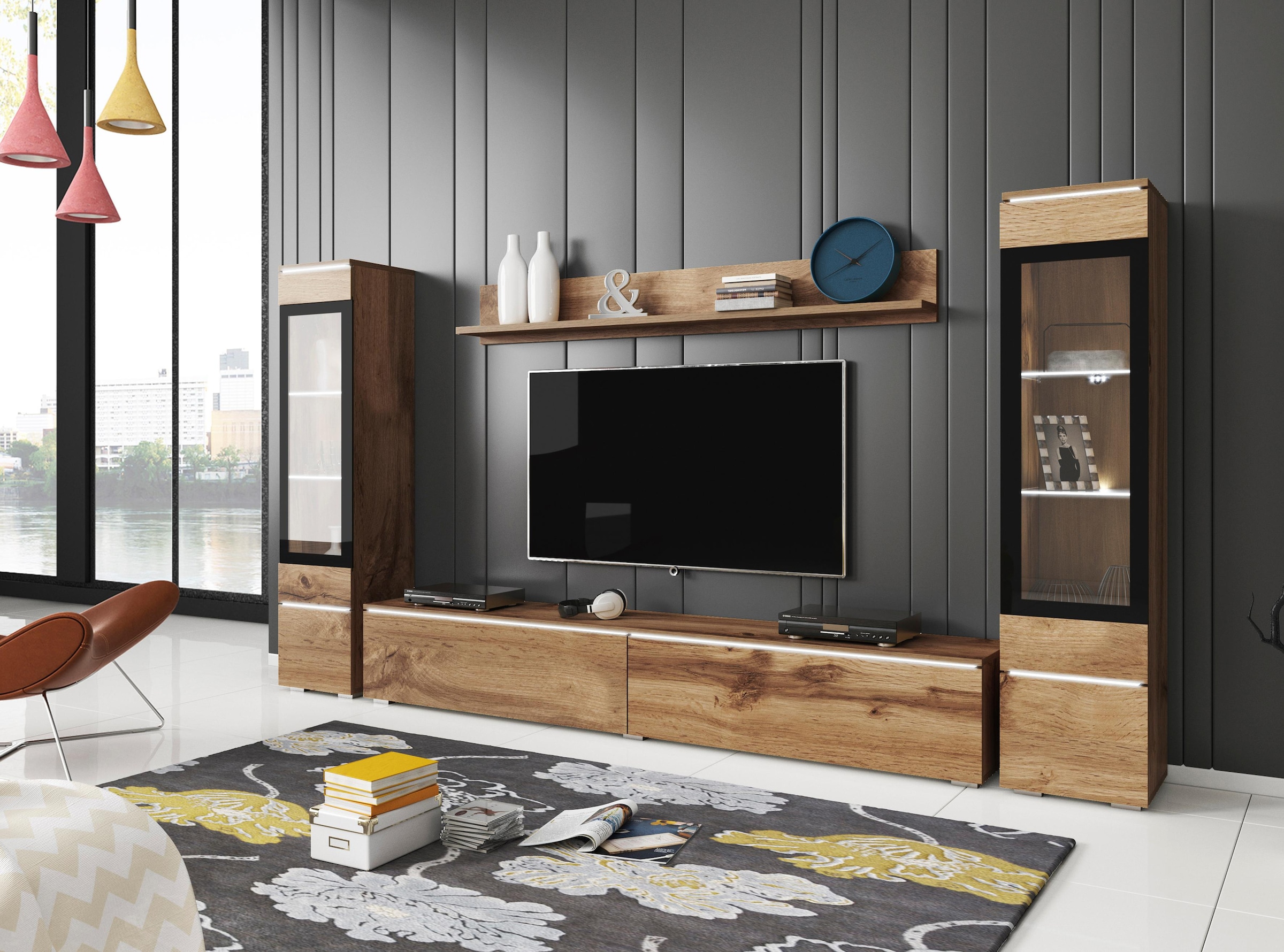 INOSIGN Wohnwand »VERA II, Vitrinen Türanschlag wechselbar«, (Komplett-Set, 4 St.), Mediawand 260 cm, Vitrine mit Verglasung, stehend und hängend
