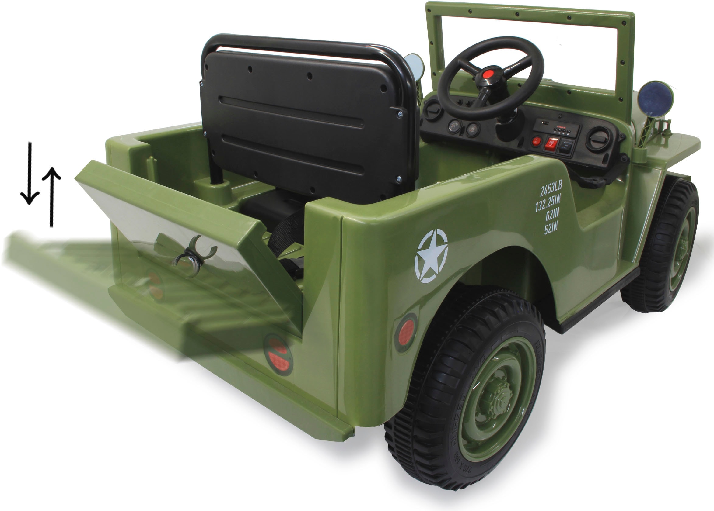 Jamara Elektro-Kinderauto »Ride-on Jeep Willys MB Army grün«, ab 3 Jahren, bis 25 kg, 12V/4,5Ah, Softanlauf, Bluetooth, USB-Anschluss