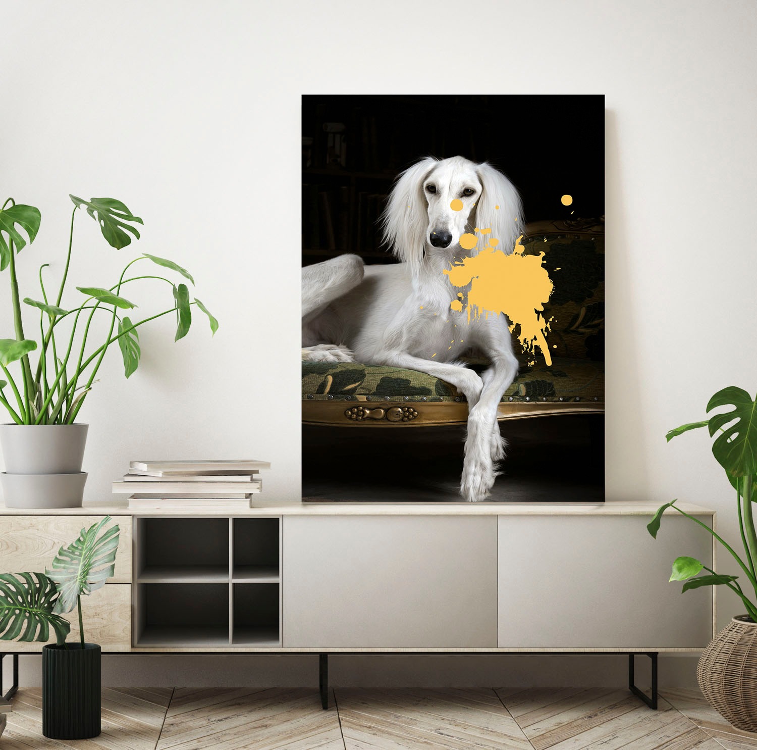 queence Acrylglasbild »Hund mit Farbklecks«, Kunst-Gemälde-Hund-Hundebilder-Historische Persönlichkeiten-Formen-Haustiere, Fine Art-Print in Galeriequalität