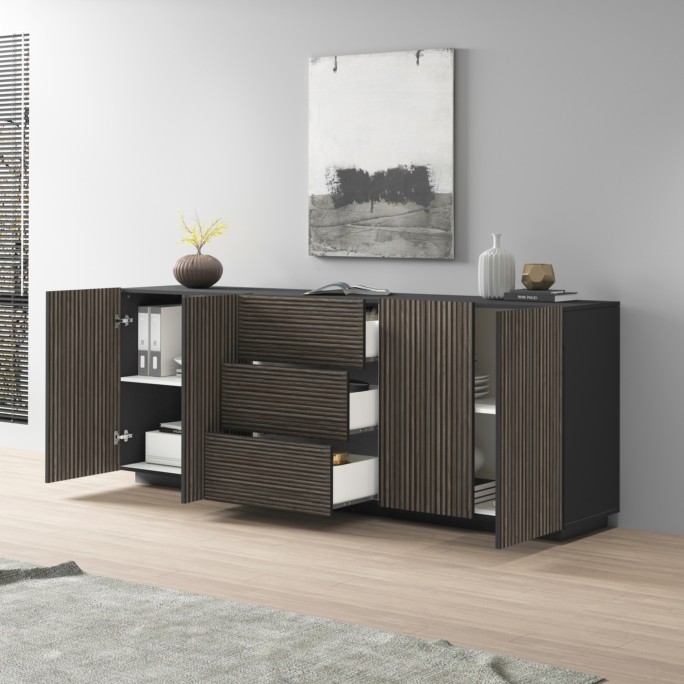 Home affaire Sideboard »Vega Sideboard,Kommode,220 cm« mit 4 Türen und 3 Schubladen,Fronten mit Rillen-Optik