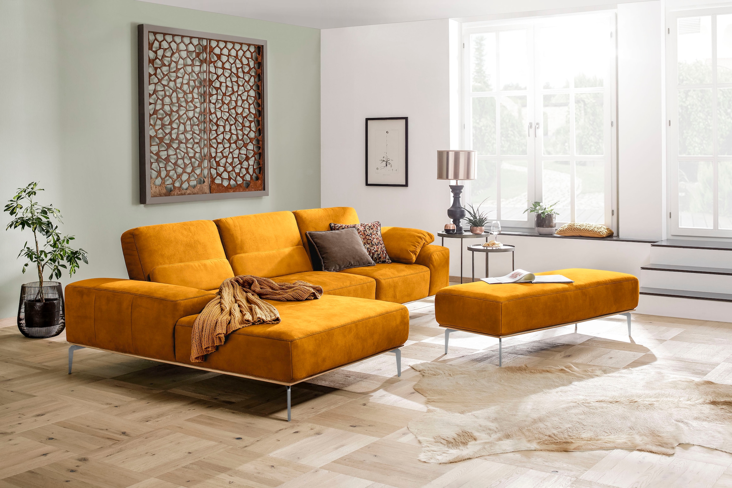 W.SCHILLIG Ecksofa »run, Designsofa mit tollem Sitzkomfort, bequem, L-Form«, mit elegantem Holzsockel, Füße in Chrom glänzend, Breite 319 cm