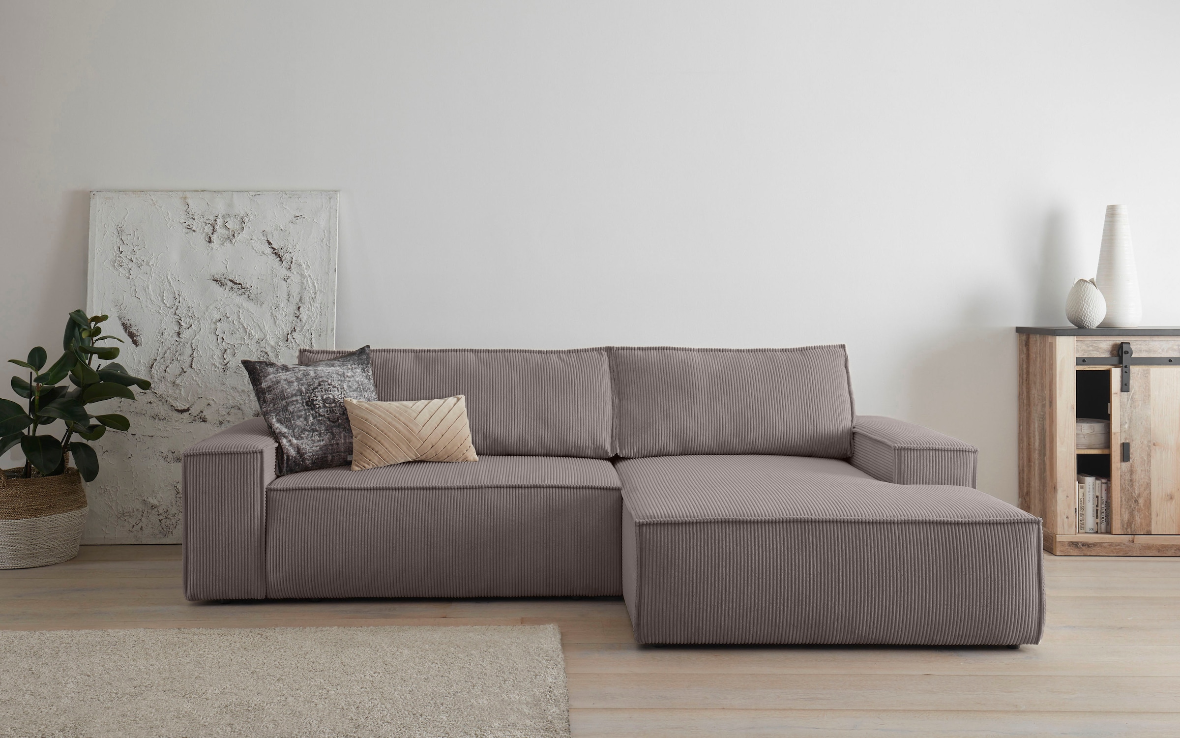 Home affaire Ecksofa »SHERWOOD Schlafsofa 267 cm, L-Form,«, Schlaffunktion mit Bettkasten (210x136 cm), Cord, Vintage, Samtvelours