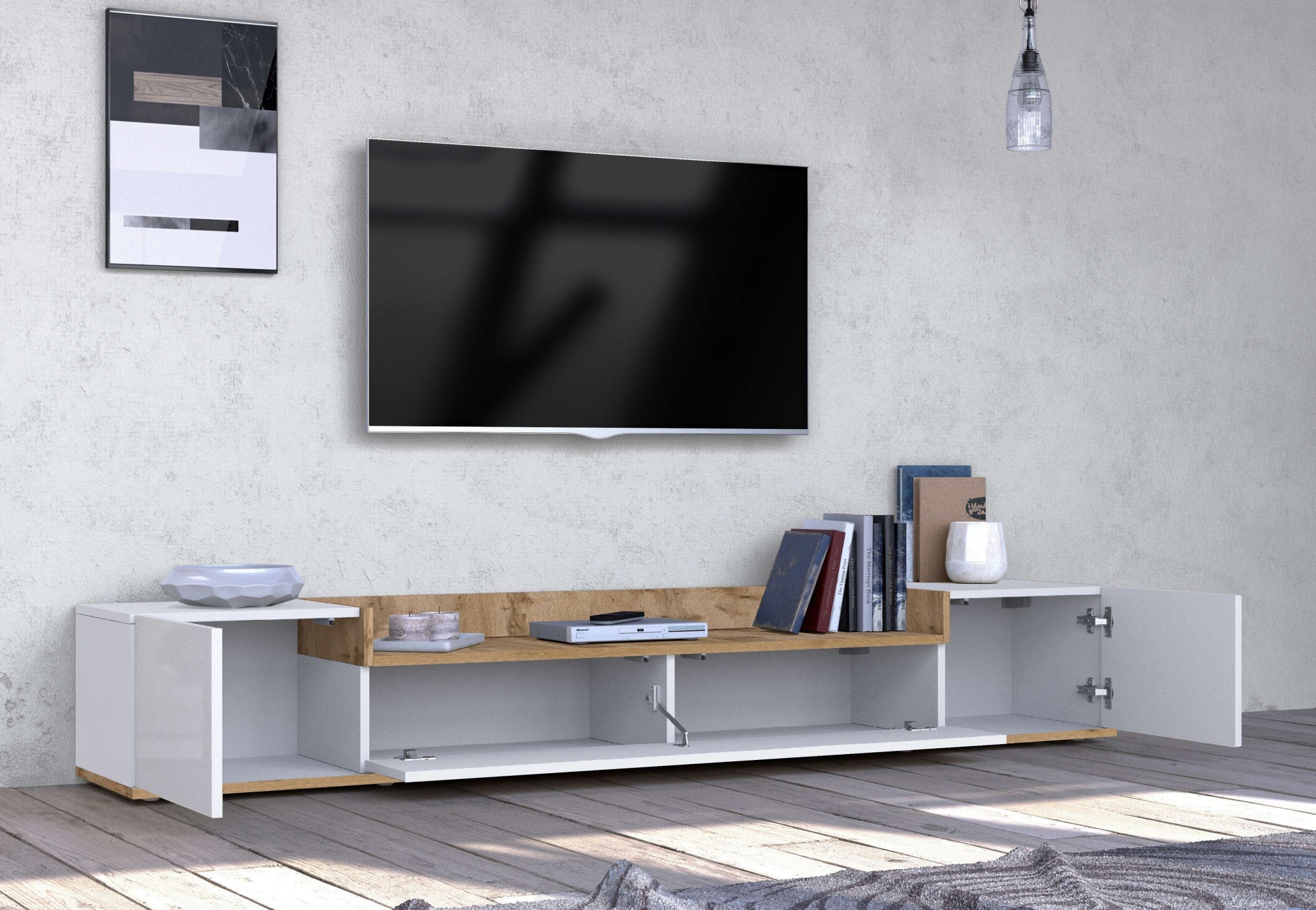 OTTO home Lowboard »BOLSENA,TV-Kommode, TV-Möbel,TV-Bank, 4 Fächer und offenes Ablagefach« 1 Stk. tlg. Breite 200 cm,stehend/hängend,Fronten Hochglanz lackiert,Made in Italy