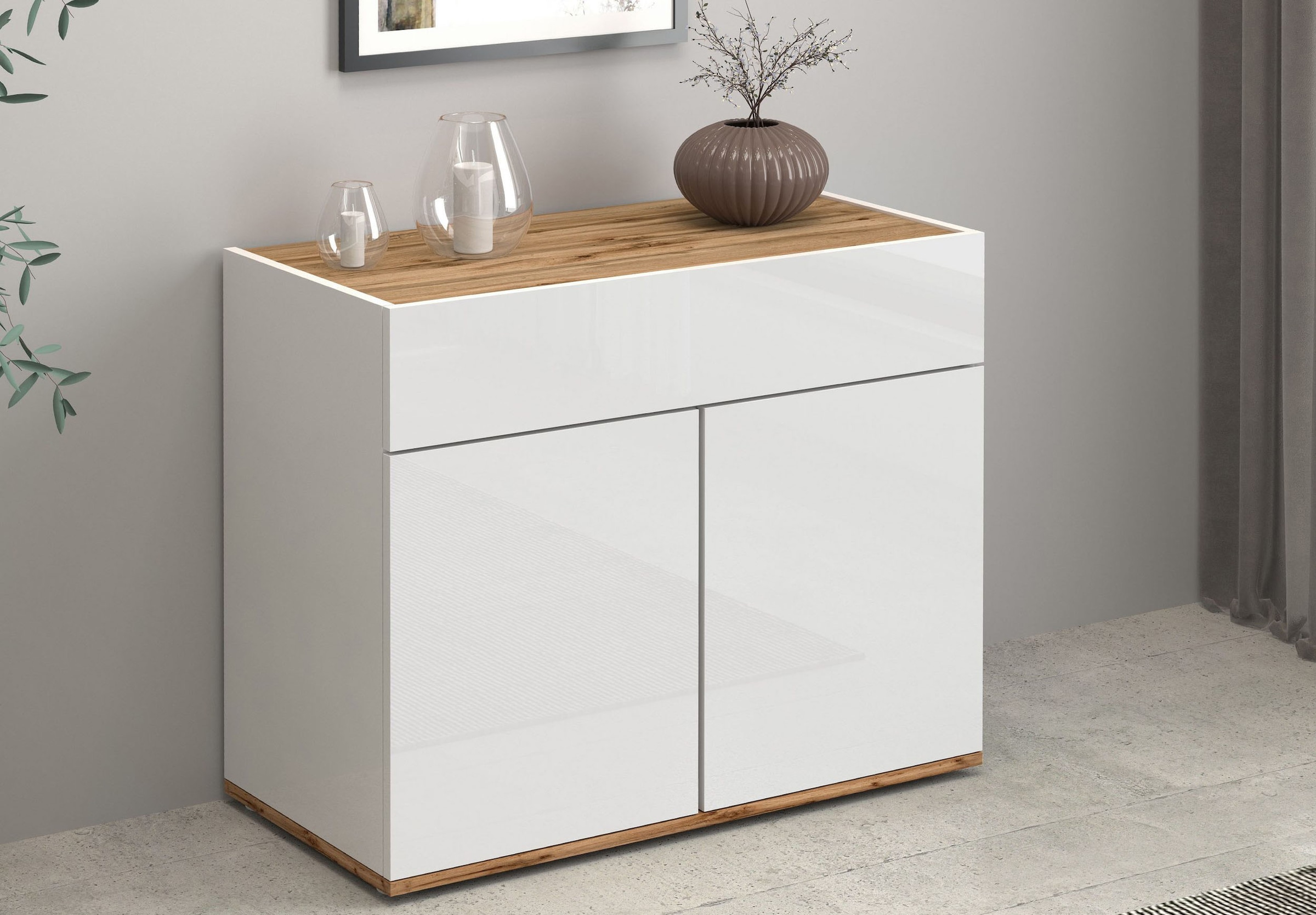 OTTO home Sideboard »Garda, Kommode, Schrank, 2 Türen, 1 Schublade, Made in Italy« Hochglanzlackierte Fronten, Korpus matt, grifflos, Breite 80,9 cm