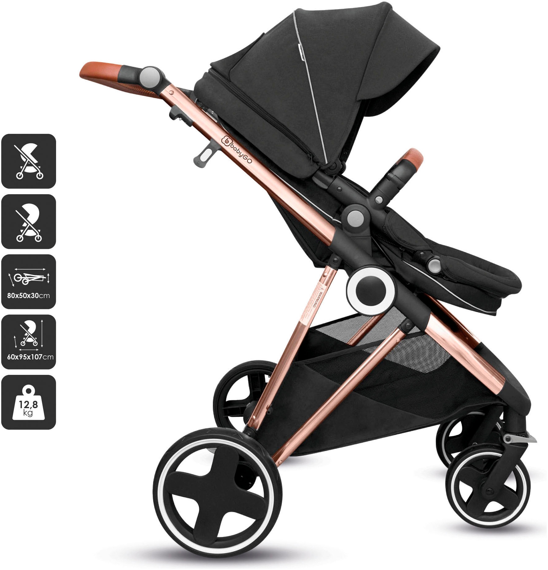 BabyGo Kombi-Kinderwagen »Halime 3in1«, inklusive Babywanne, Babyschale, Regenhaube & Wickeltasche