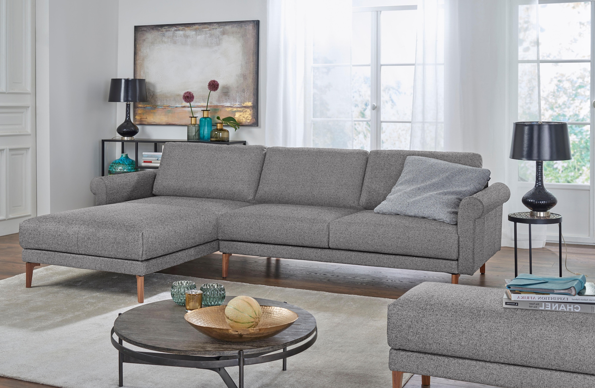 Creation BY ROLF BENZ Ecksofa »CR.450, Designecksofa, L-Form«, Armlehne Schnecke modern Landhaus, Breite 262 cm, Fuß Nussbaum