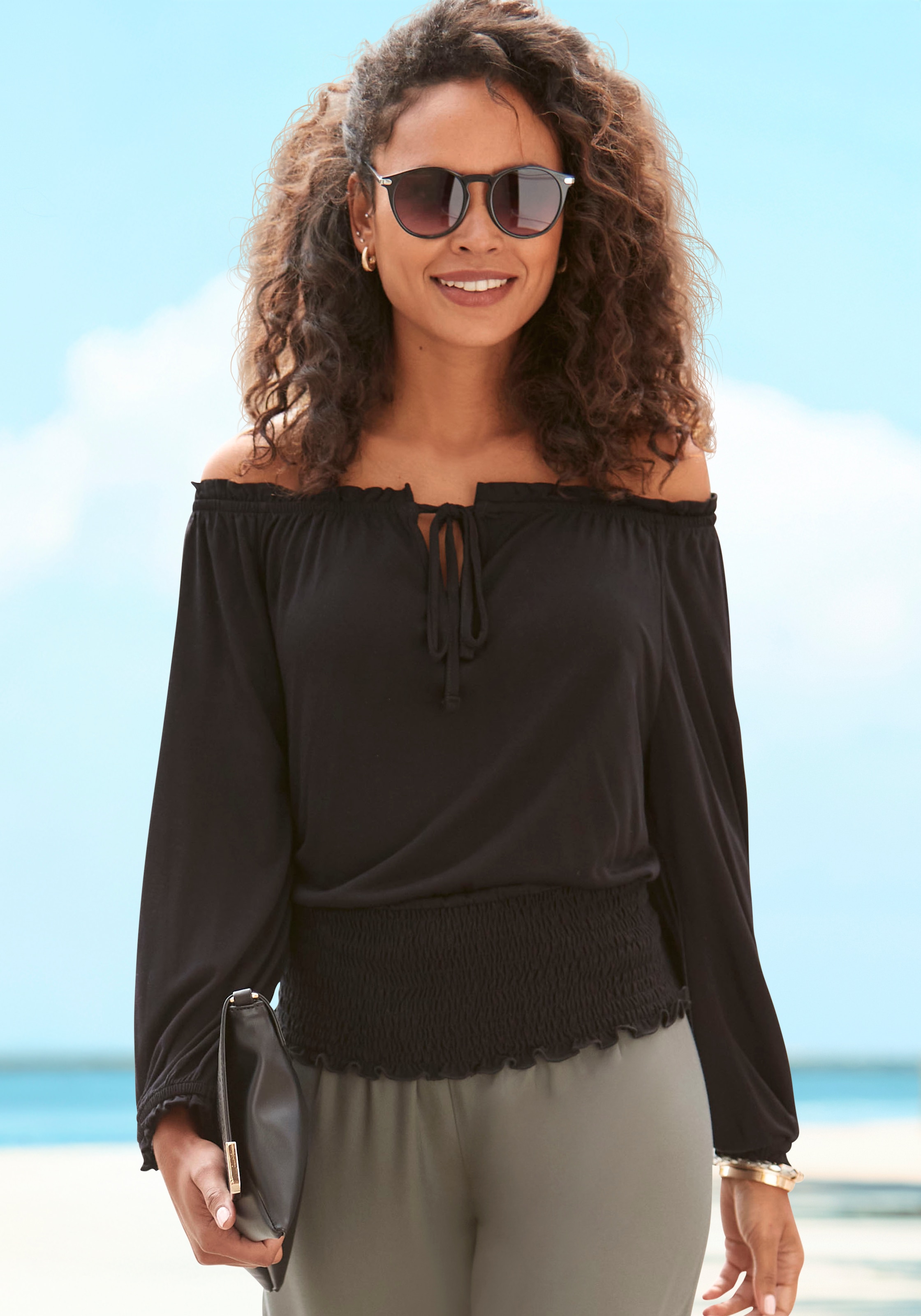LASCANA Carmenshirt mit 3/4-Ärmeln, Blusenshirt mit Bindeband und Gummizug