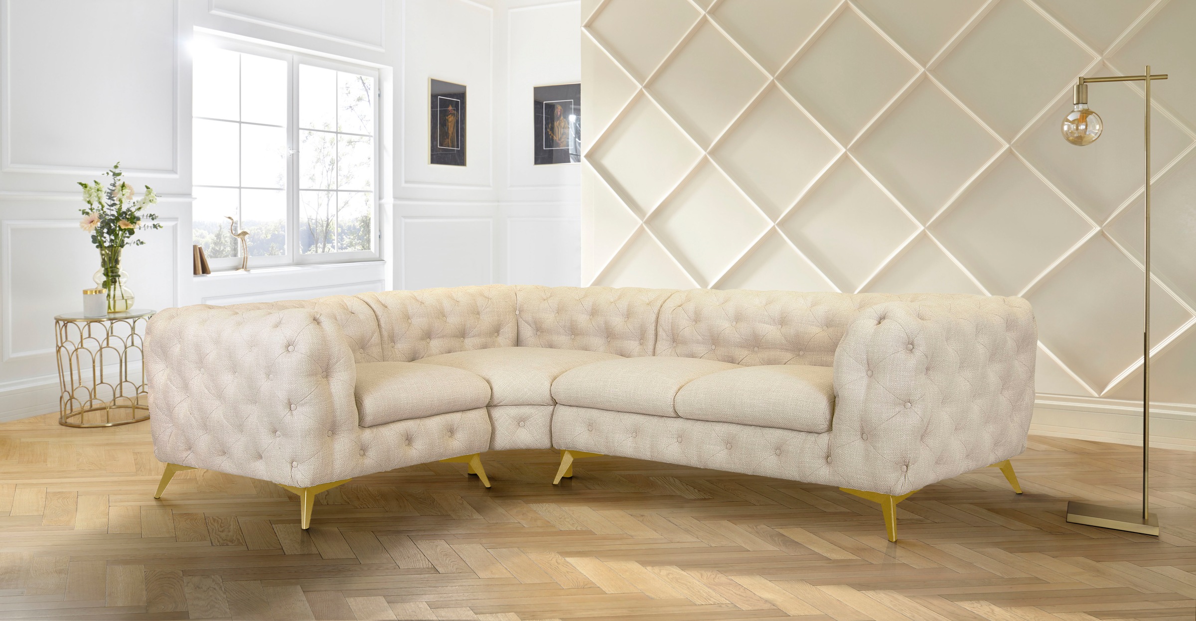 Leonique Chesterfield-Sofa »Ecksofa GLYNIS L-Form mit Wellenunterfederung, Maße B/T/H 264/204/75cm«, aufwändige Knopfheftung, moderne Chesterfield Optik, Fußfarbe wählbar