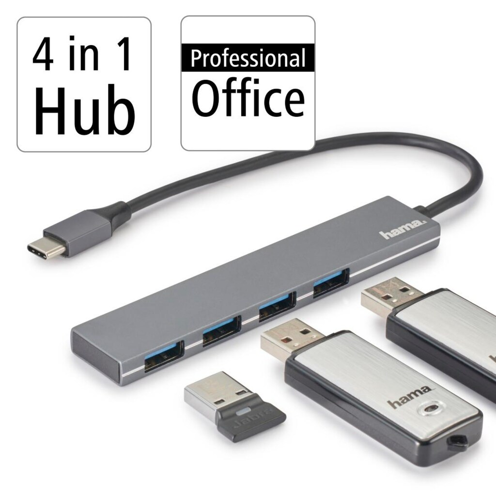 Hama USB-Adapter »USB-C-Hub, 4 Ports, USB 3.2 Gen1, 5 Gbit/s, Alu, Ultra Slim USB-Hub«, USB-C zu USB Typ A, 15 cm