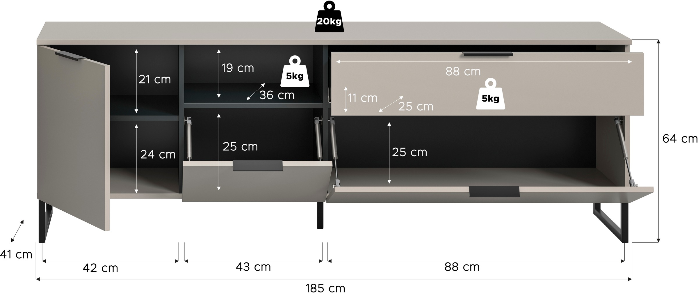 INOSIGN Lowboard »ADIO, Breite 185 cm, 2 Klappen, 1 Schubkasten, 1 Tür, mit Metall-Kufen« 1 Stk. tlg. Sideboard, Kommode, TV-Schrank, Schrank, Wohnzimmerschrank, Anrichte