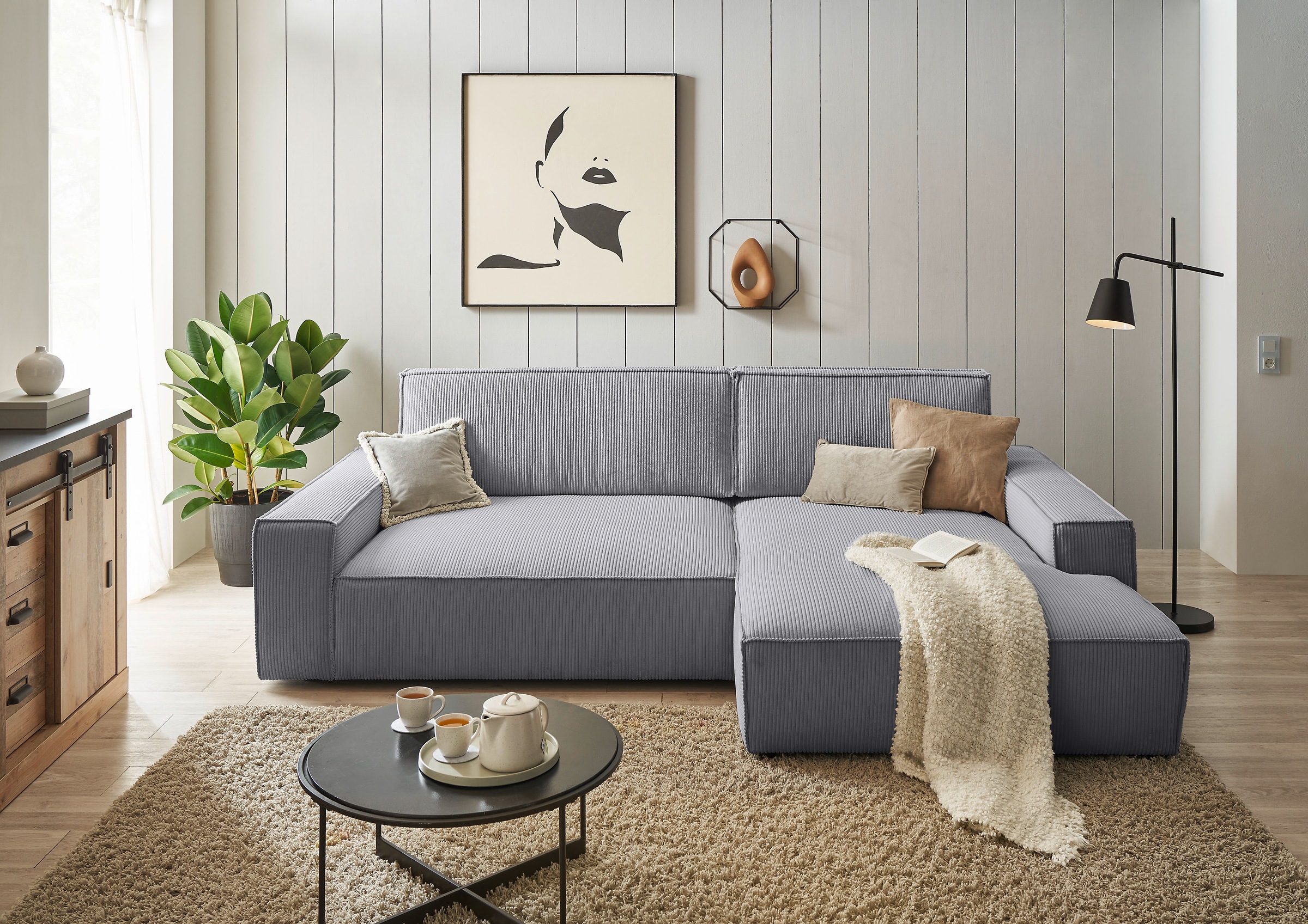 Home affaire Ecksofa »NEU: SHERWOOD XXL 284, Big-Sofa L-Form, tiefe Sitzfläche 95 cm, Cord«, Recamiere rechts/links, als Schlafsofa stellbar, Cord u. Leinenoptik