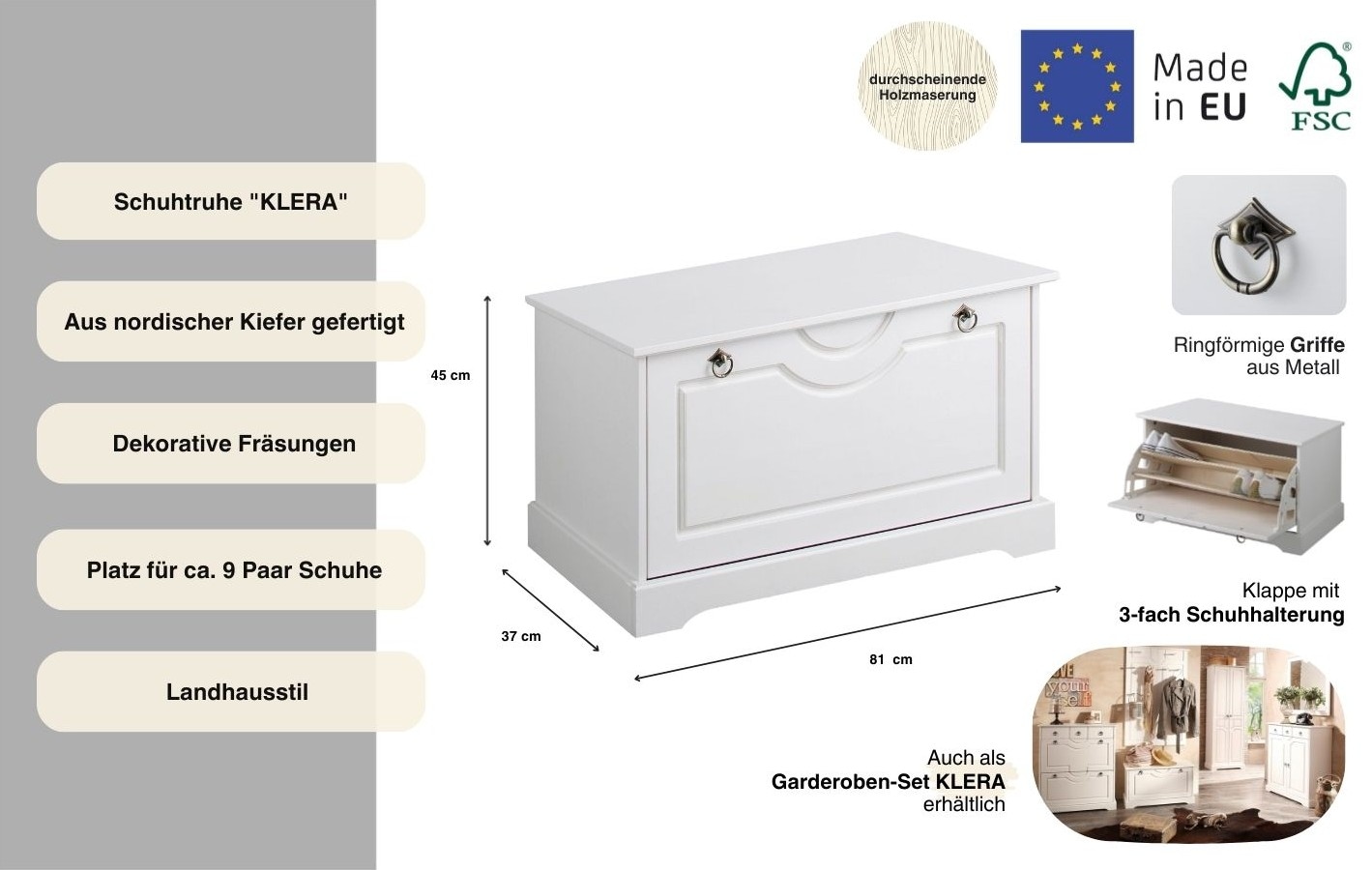 OTTO home Schuhtruhe »Klera« Breite 81 cm, aus massiver Kiefer, FSC®-zertifiziert