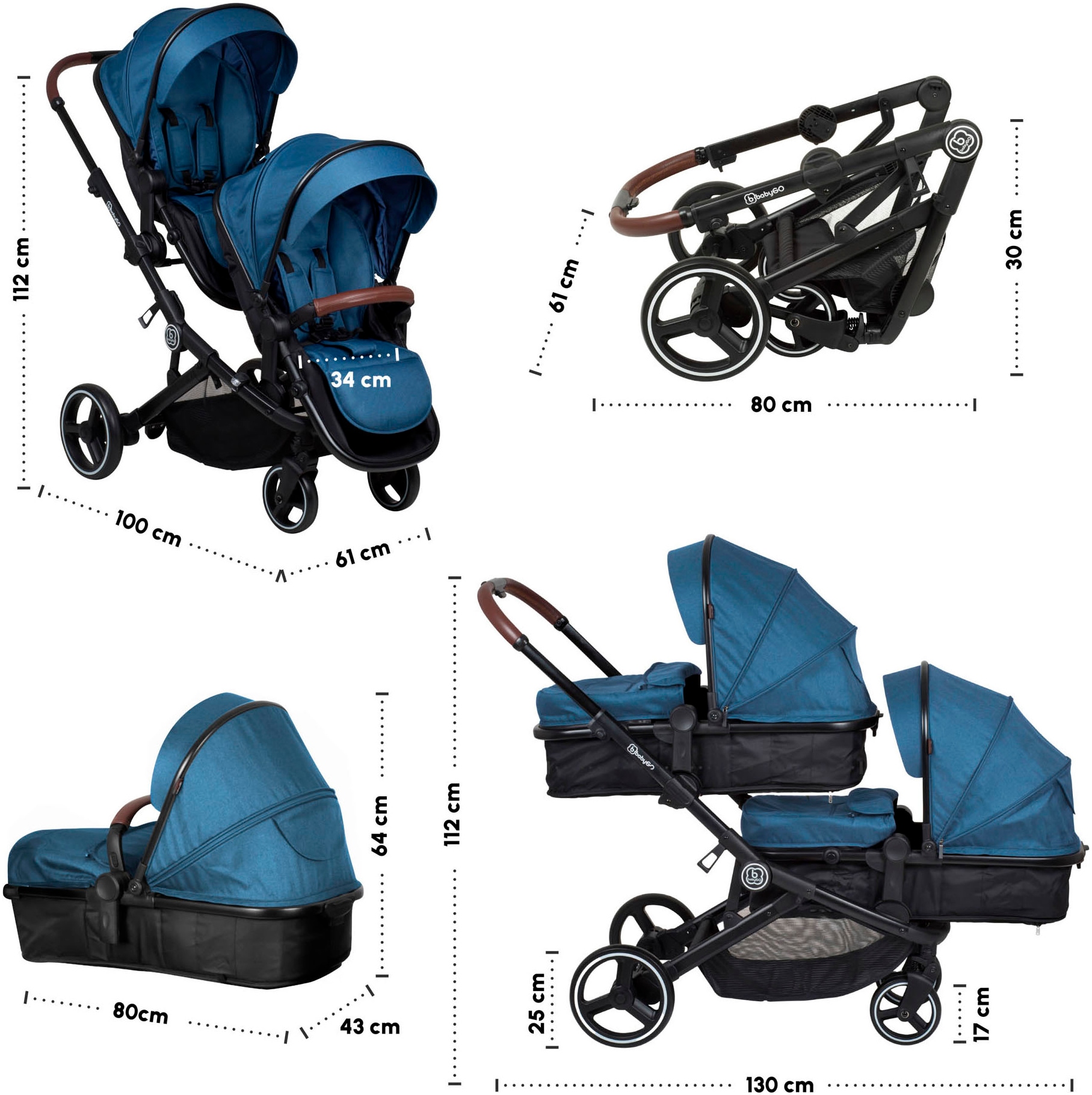BabyGo Zwillings-Kombikinderwagen »Twinner Set, Blau melange«, 30 kg, inkl. 2 Regenhauben, Wickeltasche