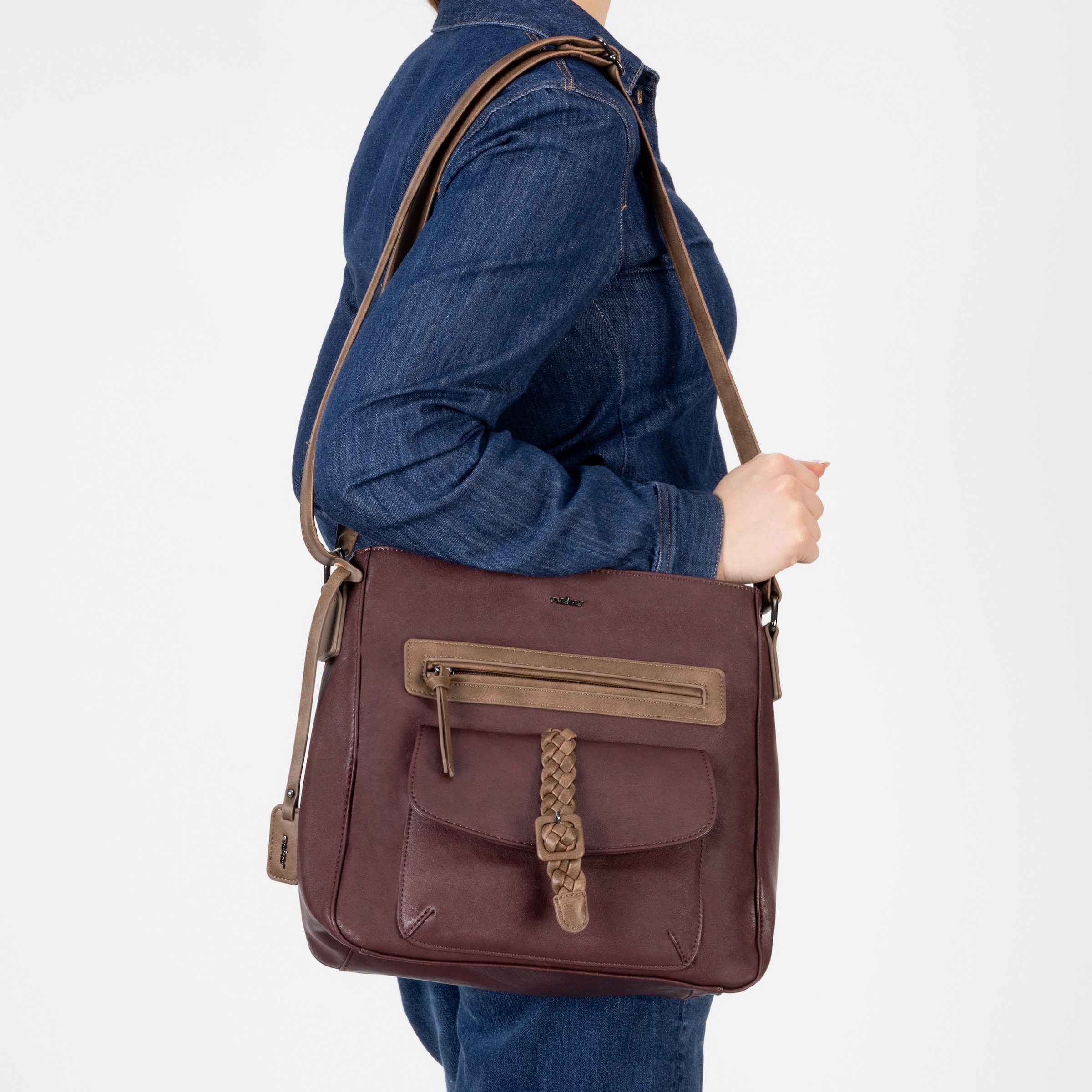 Rieker Umhängetasche Damen Schultertasche, Vortasche mit geflochtenem Riemchenverschluss