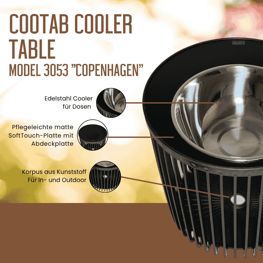COOTAB Cooler Table Beistelltisch »4-in-1 Loungetisch mit Edelstahl-Kühler Copenhagen 45 cm schwarz« 1 Stk. tlg. Wetterfest, Pflegeleicht, Hitzebeständig, Stapelbar