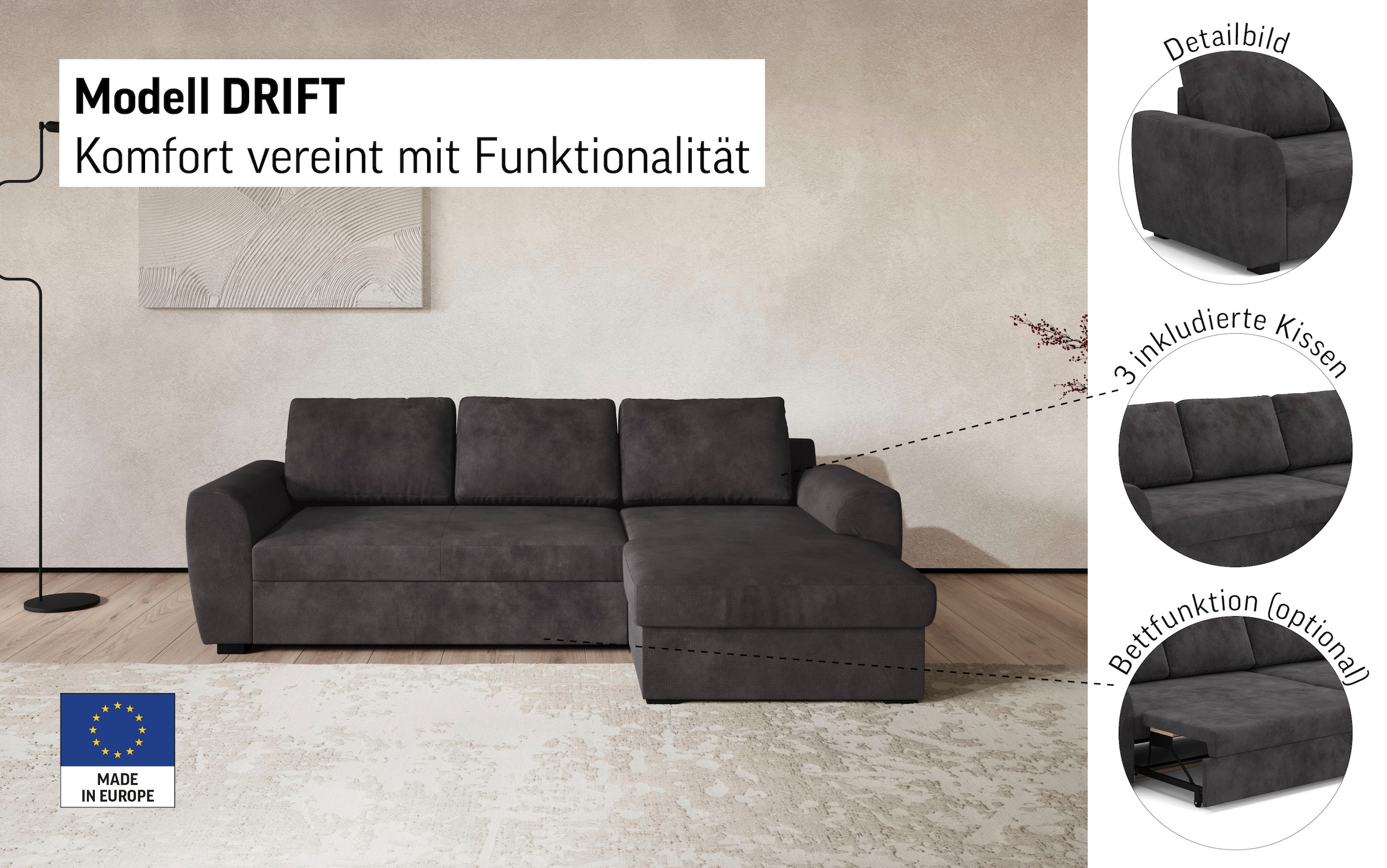 COTTA Ecksofa »Drift L-Form Recamiere, Breite 253 cm« optional auch mit Schlaffunktion, Wellenunterfederung