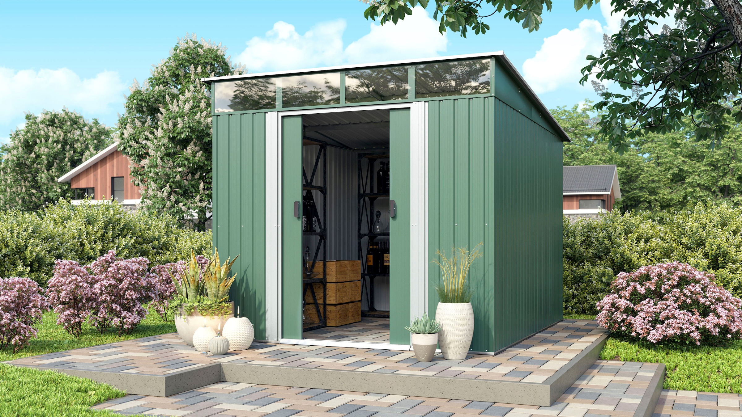 Pergart Gerätehaus »Lübeck 89«, Metall, mit Pultdach und Lichtband, tanne/weiß