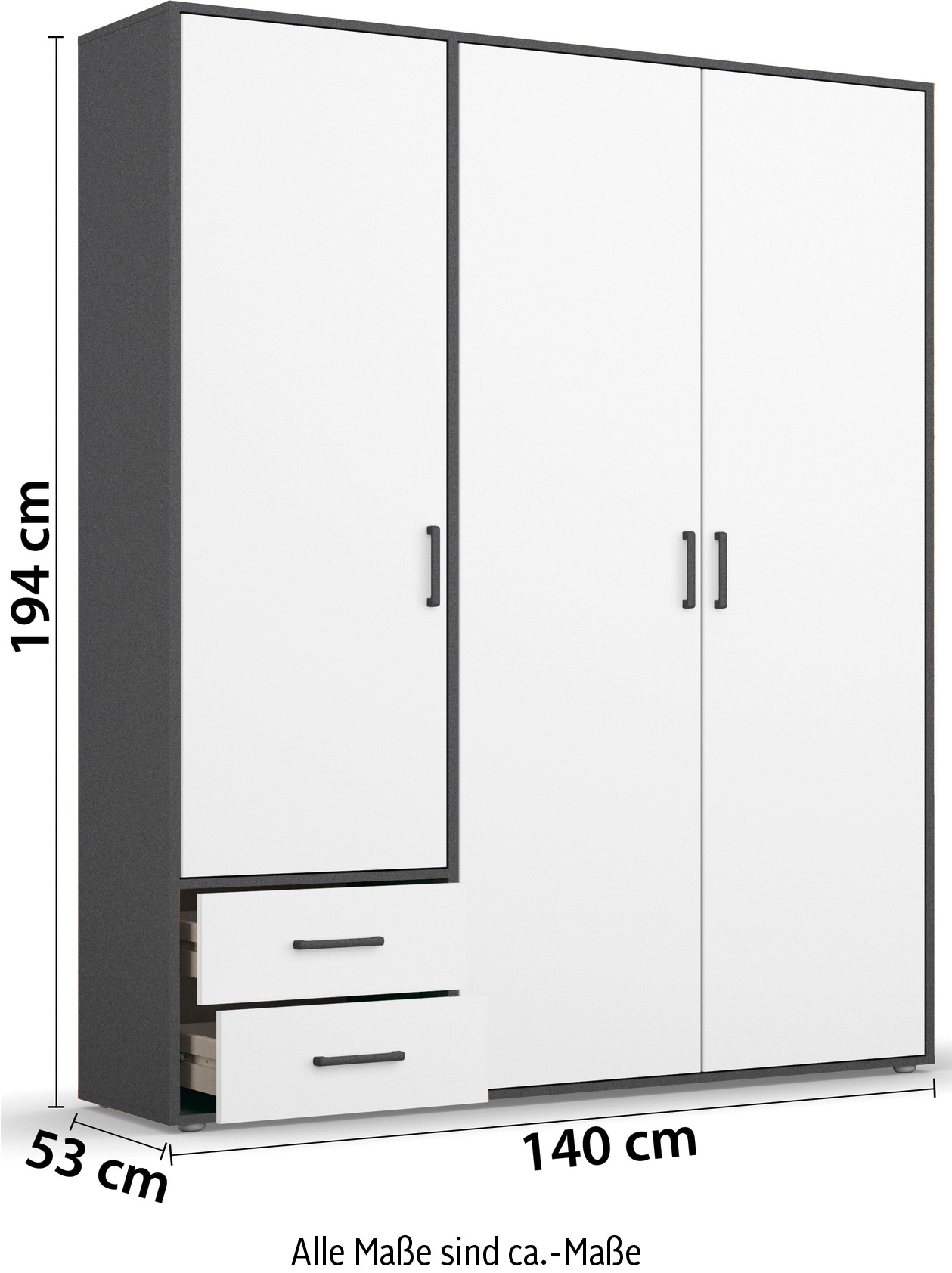 rauch Drehtürenschrank »Kleiderschrank Schrank Garderobe Wäscheschrank VOYAGER«, (in 3 verschiedenen Ausstattungen BASIC/CLASSIC/PREMIUM), moderne Griffe in Graumetallic mit Außenschubkästen MADE IN GERMANY