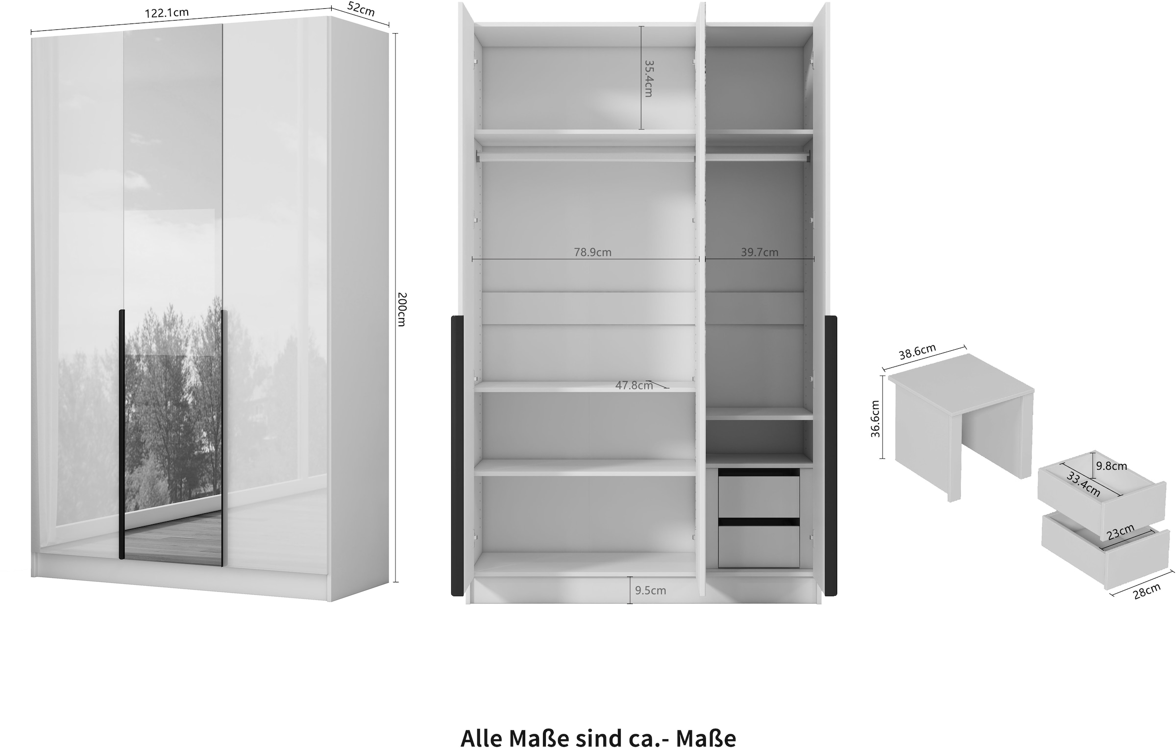 OTTO home Kleiderschrank »Annor Schlafzimmerschrank Breite 122cm hochglanz Schrank Garderobe« Drehtürenschrank mit perfekter Innenausstattung - elegante Türgriffe