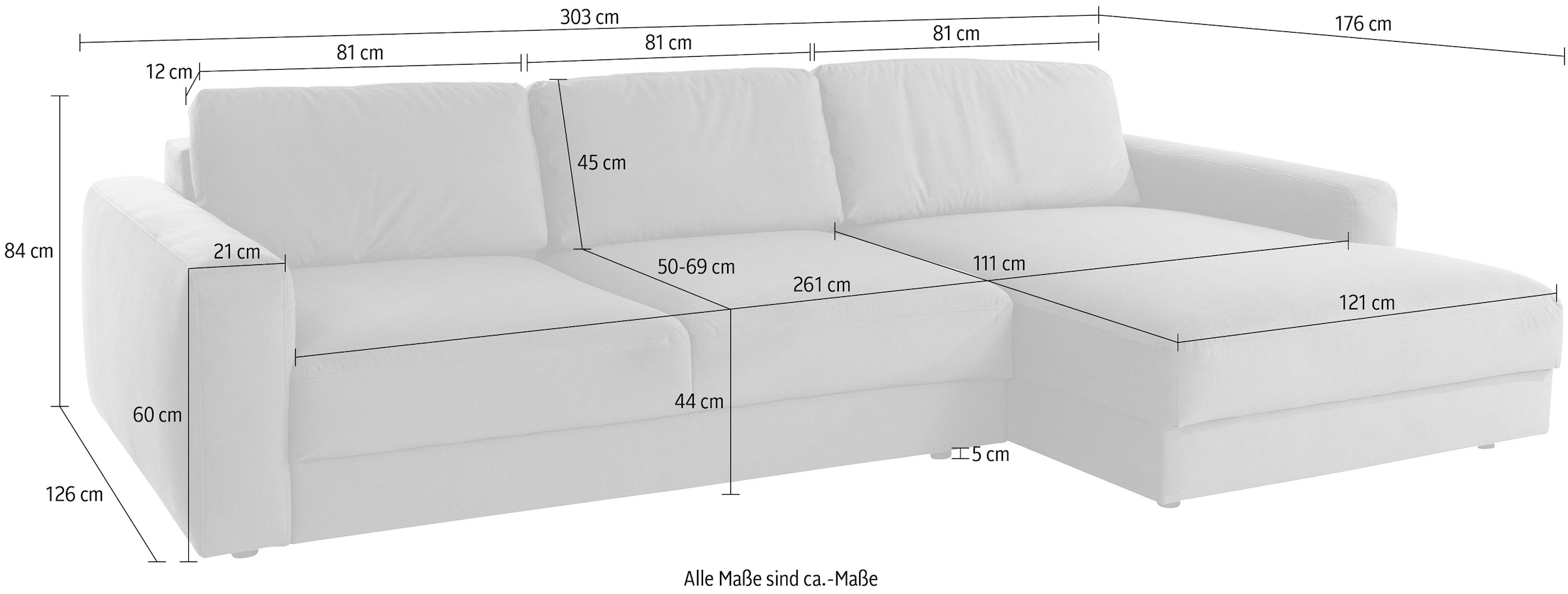Places of Style Ecksofa »Bloomfield, elegant, viel Platz, Mega Couch, Breite 303cm, L-Form«, extra tiefe Sitzfläche, wahlweise mit Sitztiefenverstellung