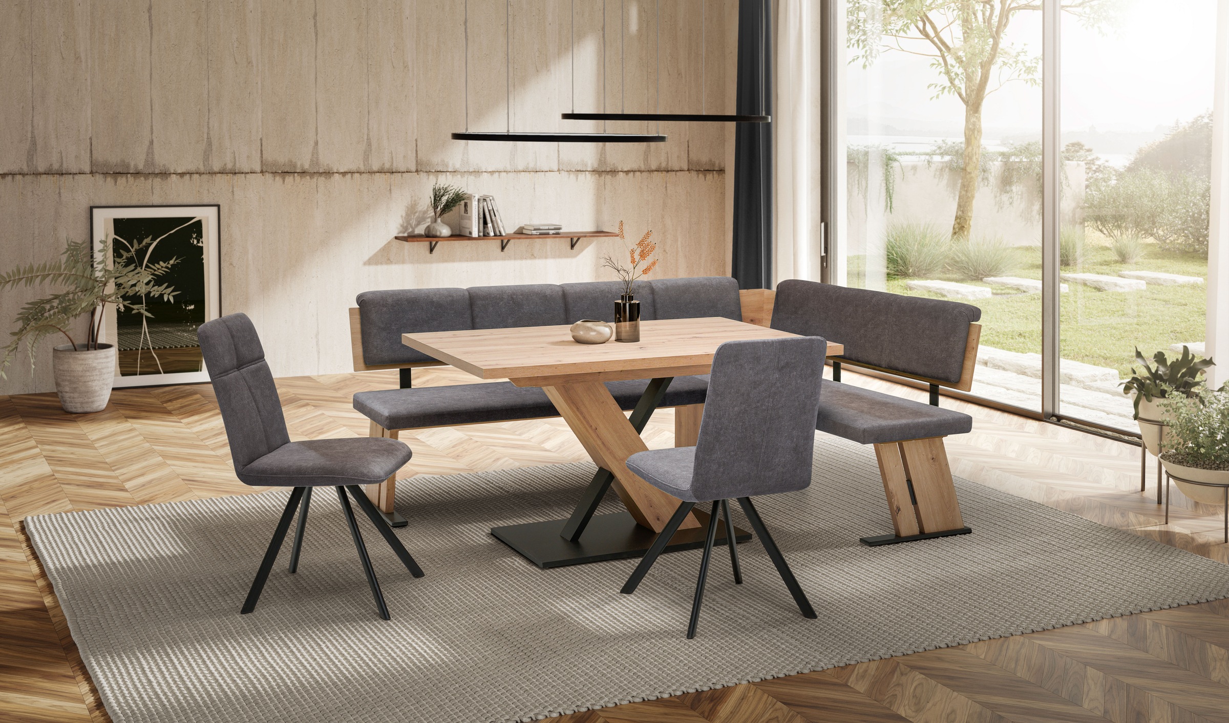 massivline&more, Eckbankgruppe »SK Kota« 4 tlg., braun/mittelgrau + Cara 5607 mittelgrau + Artisan Oak, Holzwerkstoff, Metall, Stoff, B/H/T: 140 cm x 