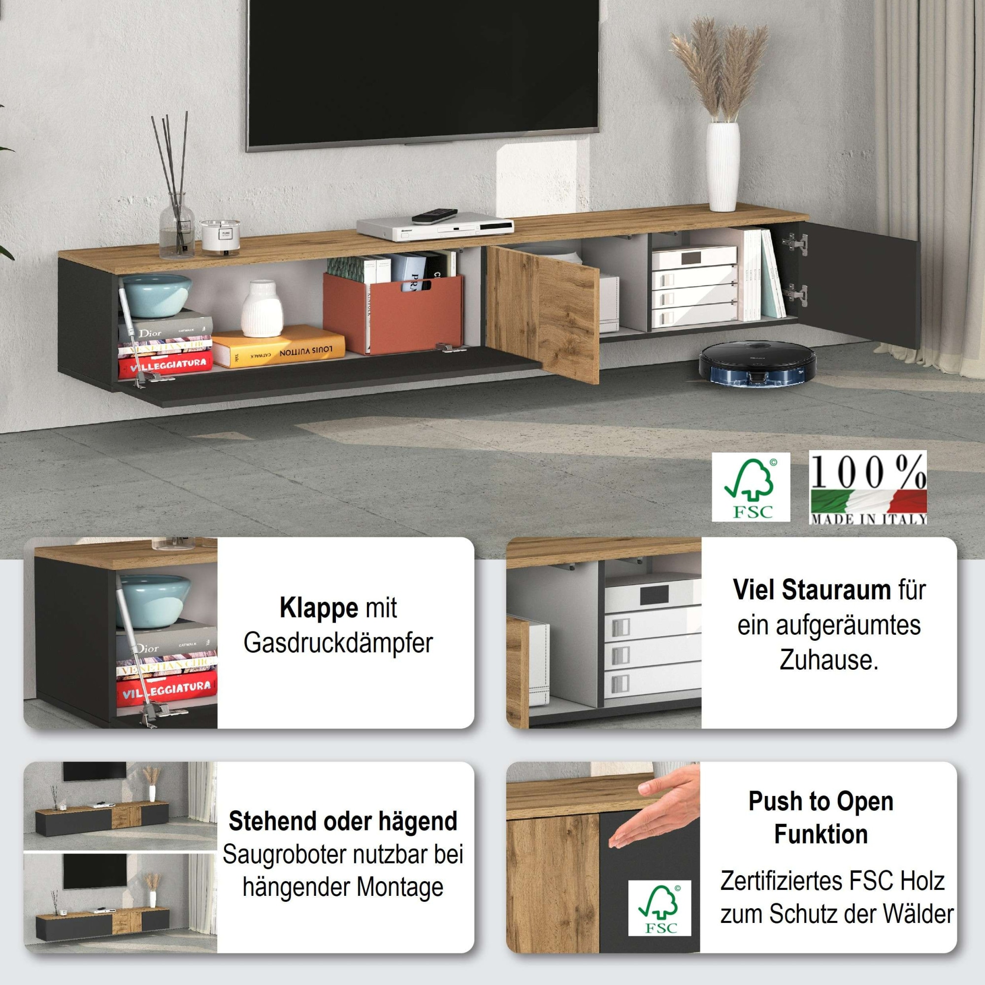 OTTO home Lowboard »ISEO, TV-Kommode,TV-Möbel,TV-Bank, 3 Fächer, Breite 210 cm« 1 Stk. tlg. stehend/hängend, 1 Klappe, 2 Türen, 3 Fächer, Breite 210 cm