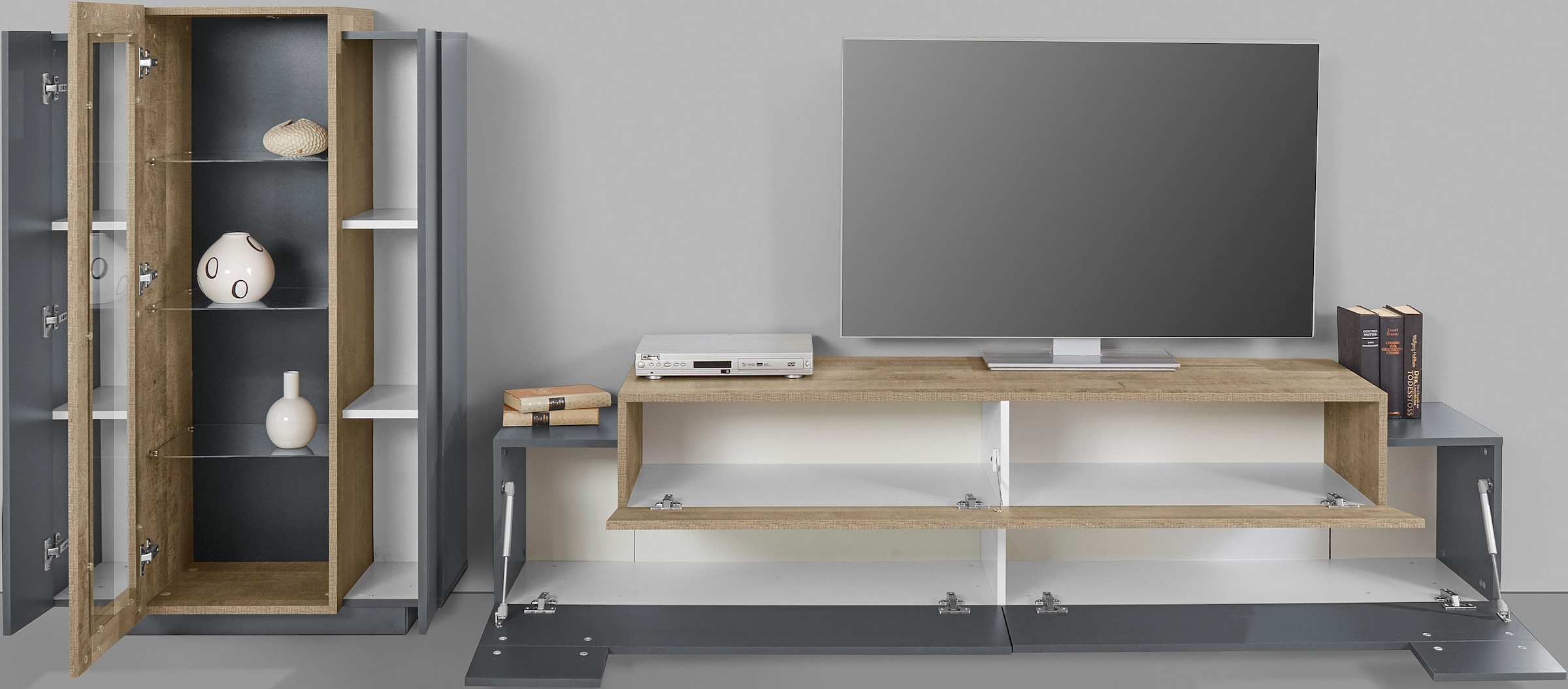 INOSIGN Wohnwand »Coro, Anbauwand, Medienwand«, (Set, 2 St.), Lowboard 4 Fächern Breite 200 cm und Vitrine 3 Türen Breite 80 cm