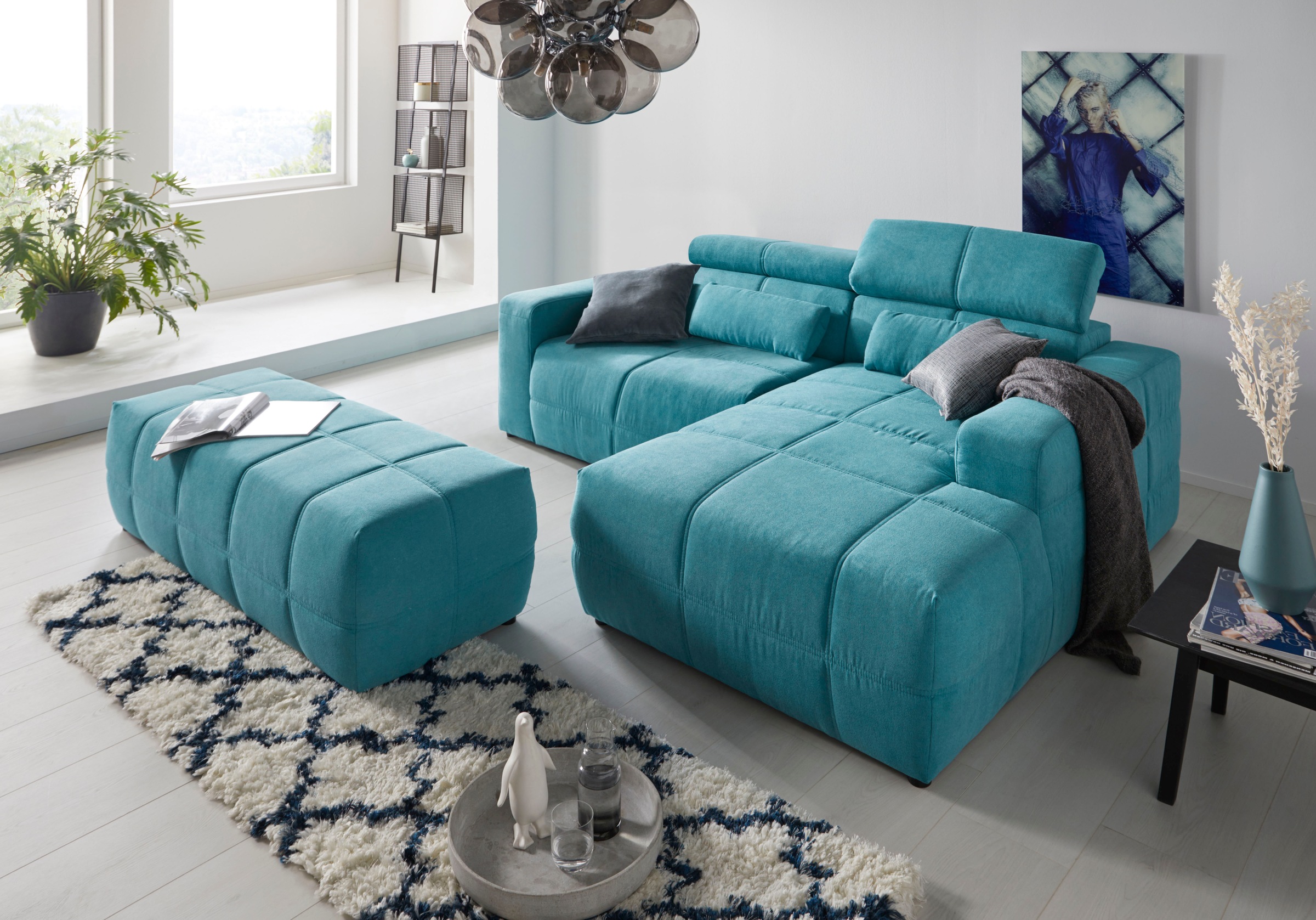 DOMO collection Ecksofa »Brandon Sitzbelastung 140 kg, kleine Ausführung B/T/H: 214/100/80 cm«, Mit Kopfteilverstellung, auch in Leder und Cord, L-Form