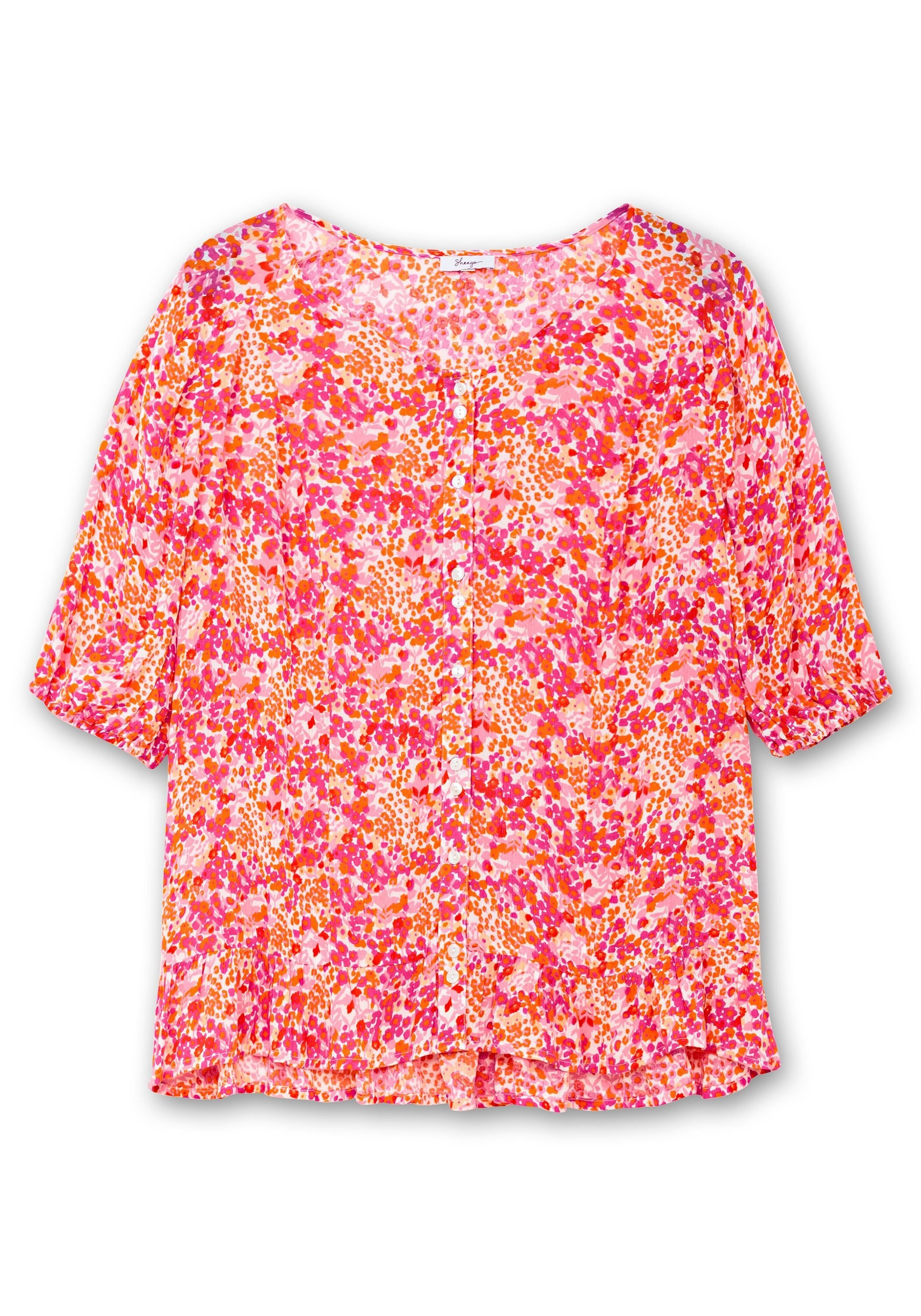 Sheego Druckbluse »Crêpe-Bluse mit weitem Ausschnitt und Volant am Saum«