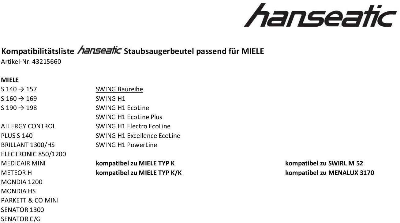 Hanseatic Staubsaugerbeutel, (Packung, 10 St.), passend für MIELE Swing H1  Handstaubsauger und MIELE S 140 Baureihe mit 3 Jahren XXL Garantie