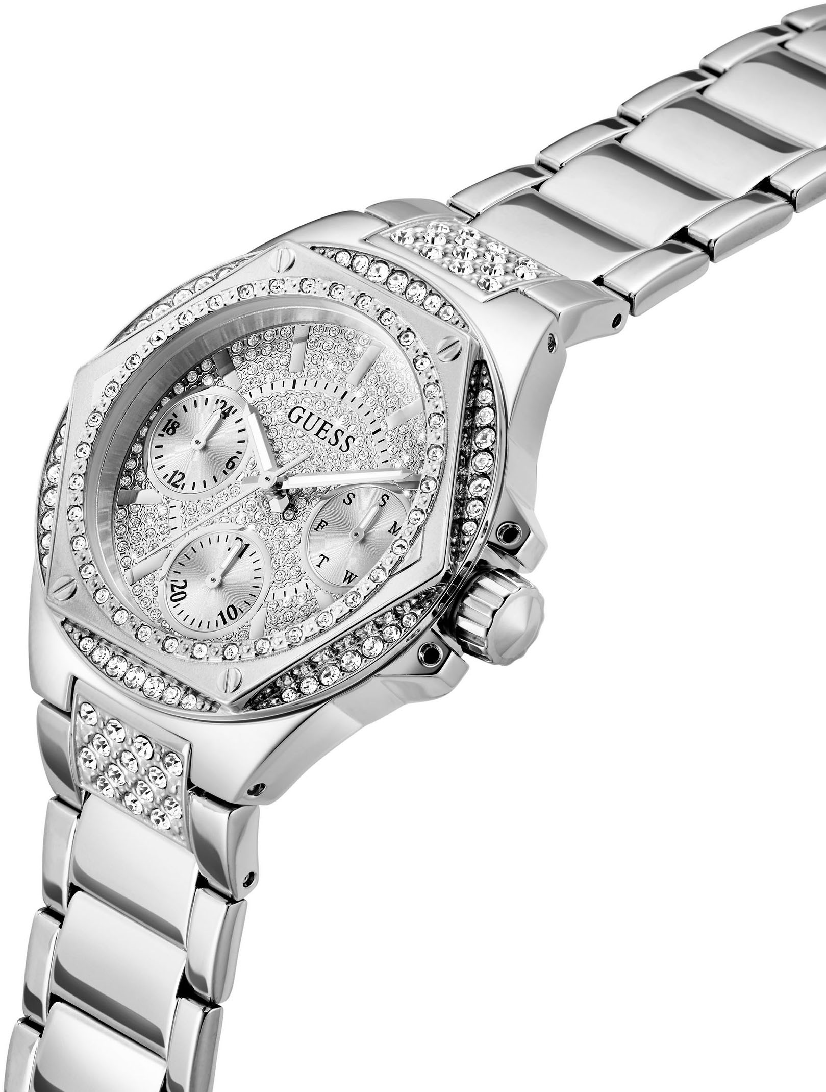 Guess Multifunktionsuhr »ENVY« Quarzuhr, Armbanduhr, Damenuhr, Datum, Wochentag, Edelstahlarmband