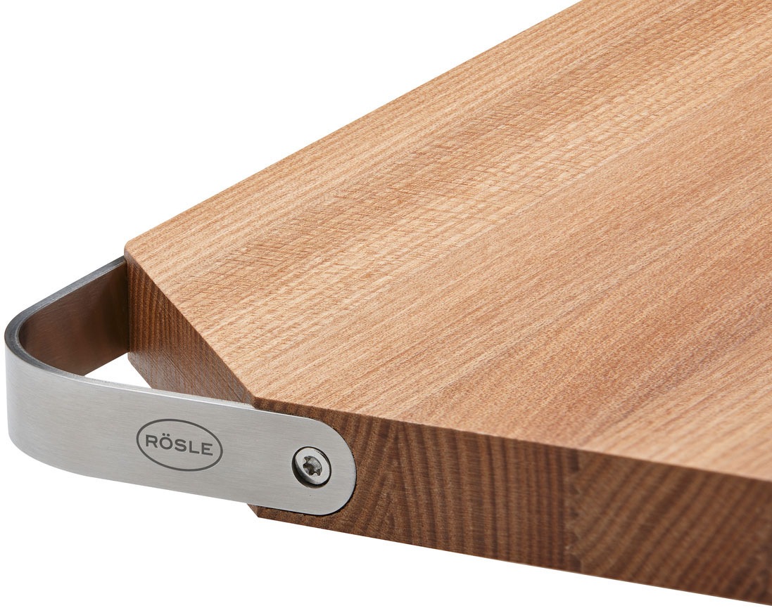RÖSLE Schneidebrett mit Edelstahlgriff, für die Küche oder als Servierbrett, aus Ulmenholz