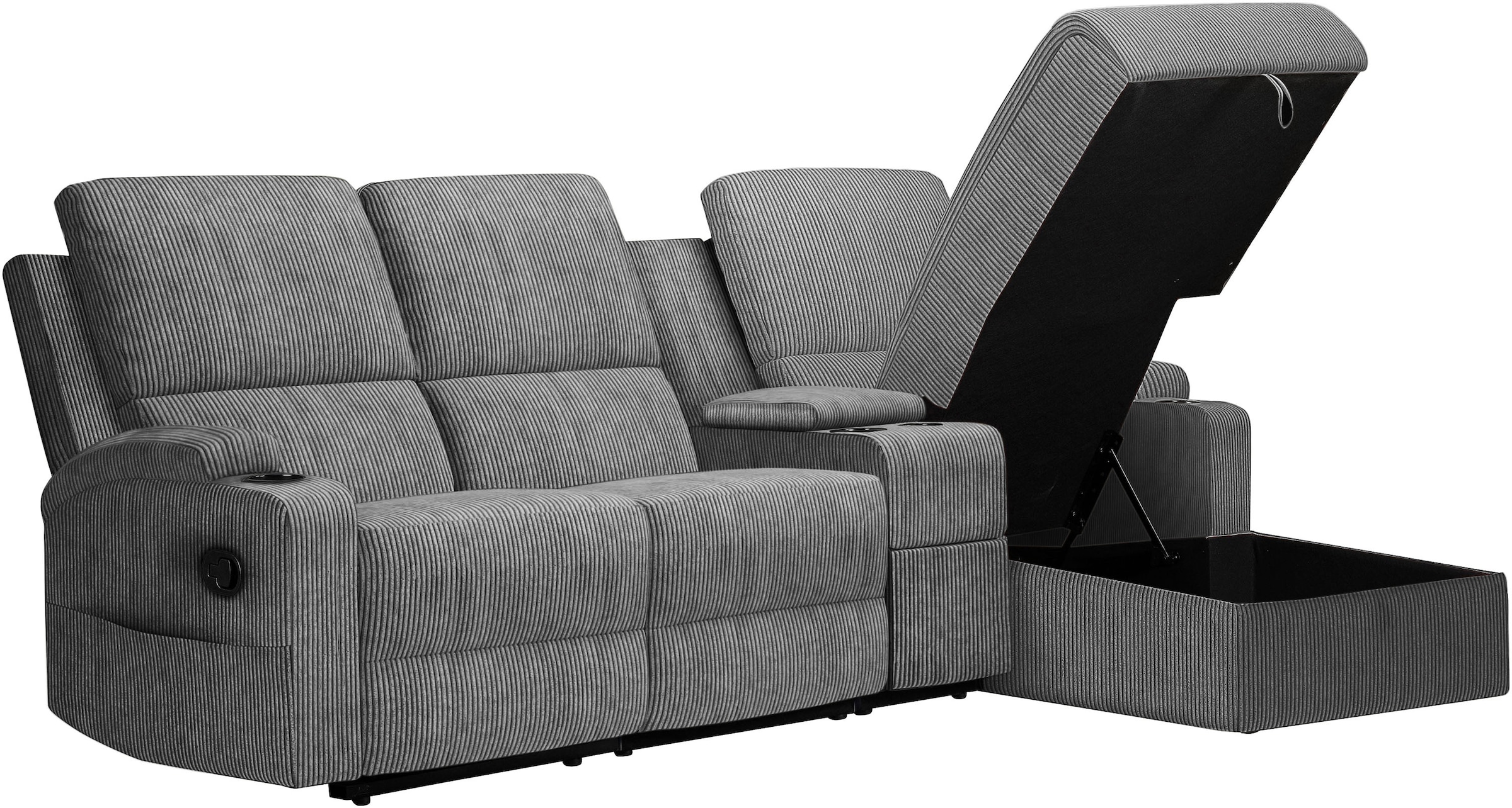 OTTO home Ecksofa »NAPORI Cord, Multimediasofa, 3er Kinosessel XXL, L-Form« Kinosofa, manuelle o. elektr. Relaxfunktion, Staufach, Getränkehalter