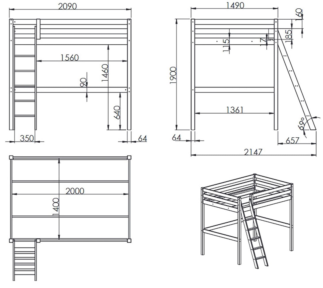 Vipack Hochbett »mit 2 Liegeflächen 140+90/200 Made in Europe, Kiefer massiv weiß« (B/H/T ca.209,4x190x214,7cm) Leiter schräg angestellt, stabil gebaut,  Raum unter dem Bett kann genutzt werden, Einzelbett separt stellbar