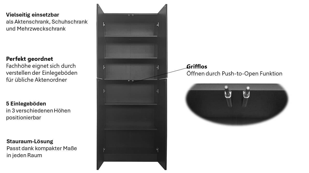 INOSIGN Aktenschrank »Jarvie«, Mehrzweckschrank, Push-to-open, 5 verstellbare Einlegeböden, 60x180 cm