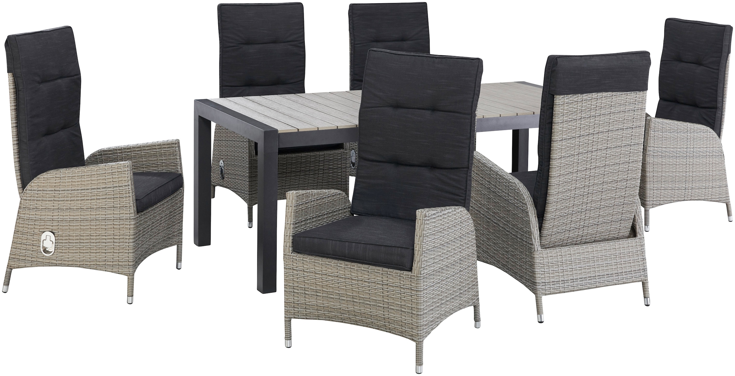 KONIFERA Garten-Essgruppe »Alva«, (Set, 13 tlg., 6x Stuhl, 1x Tisch ausziehbar 205-275 cm, inkl. Auflagen), Aluminium, Polyrattan, Rückenlehnen stufenlos verstellbar, Grau