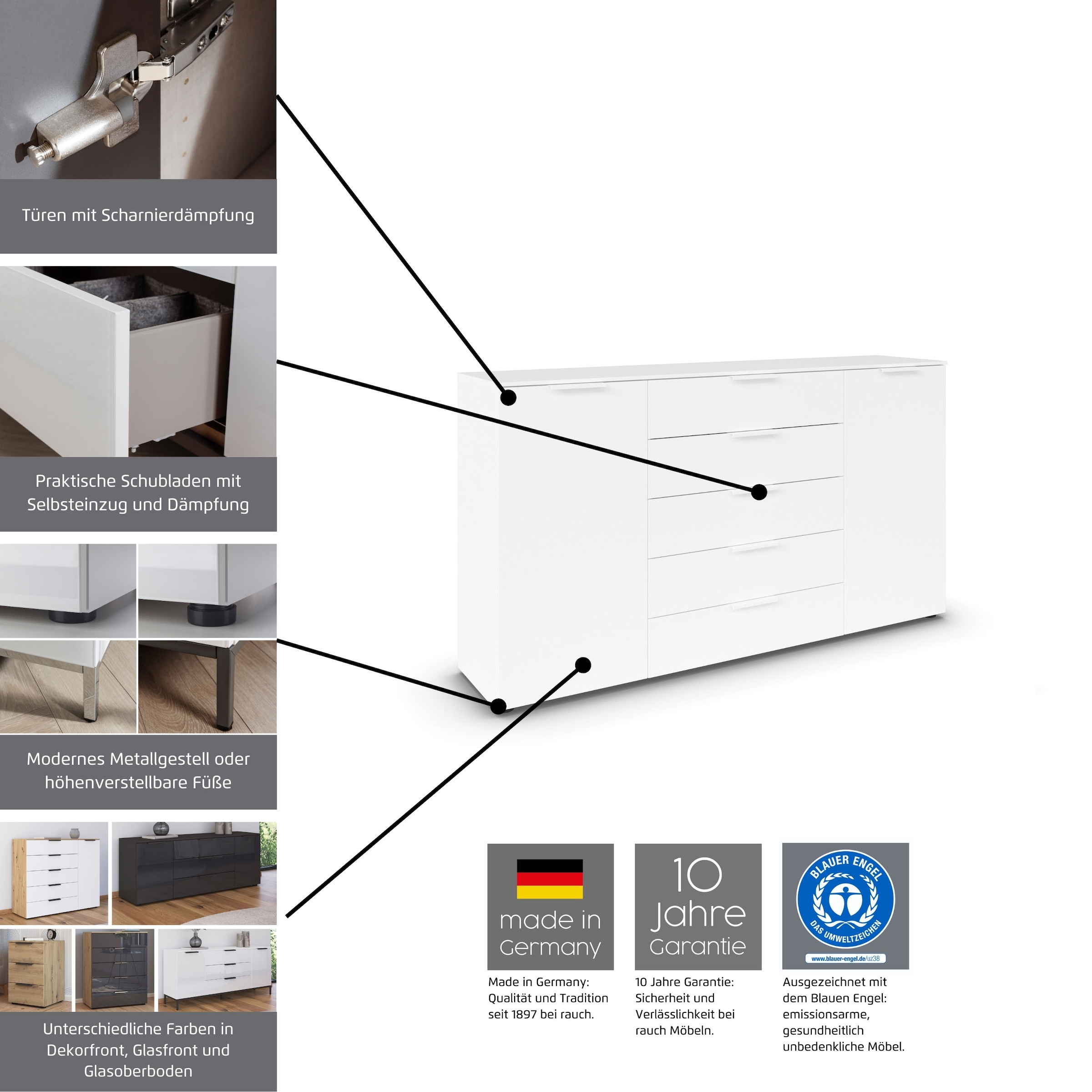 rauch Schubkastenkommode »Kommode Türkommode Sideboard Kombikommode FLIPP mit Glasfront« Breite 120 cm mit 2 Einlegeböden,  1-türig mit 5 Schubladen und Soft-Close-Funktion sowie Glasfront